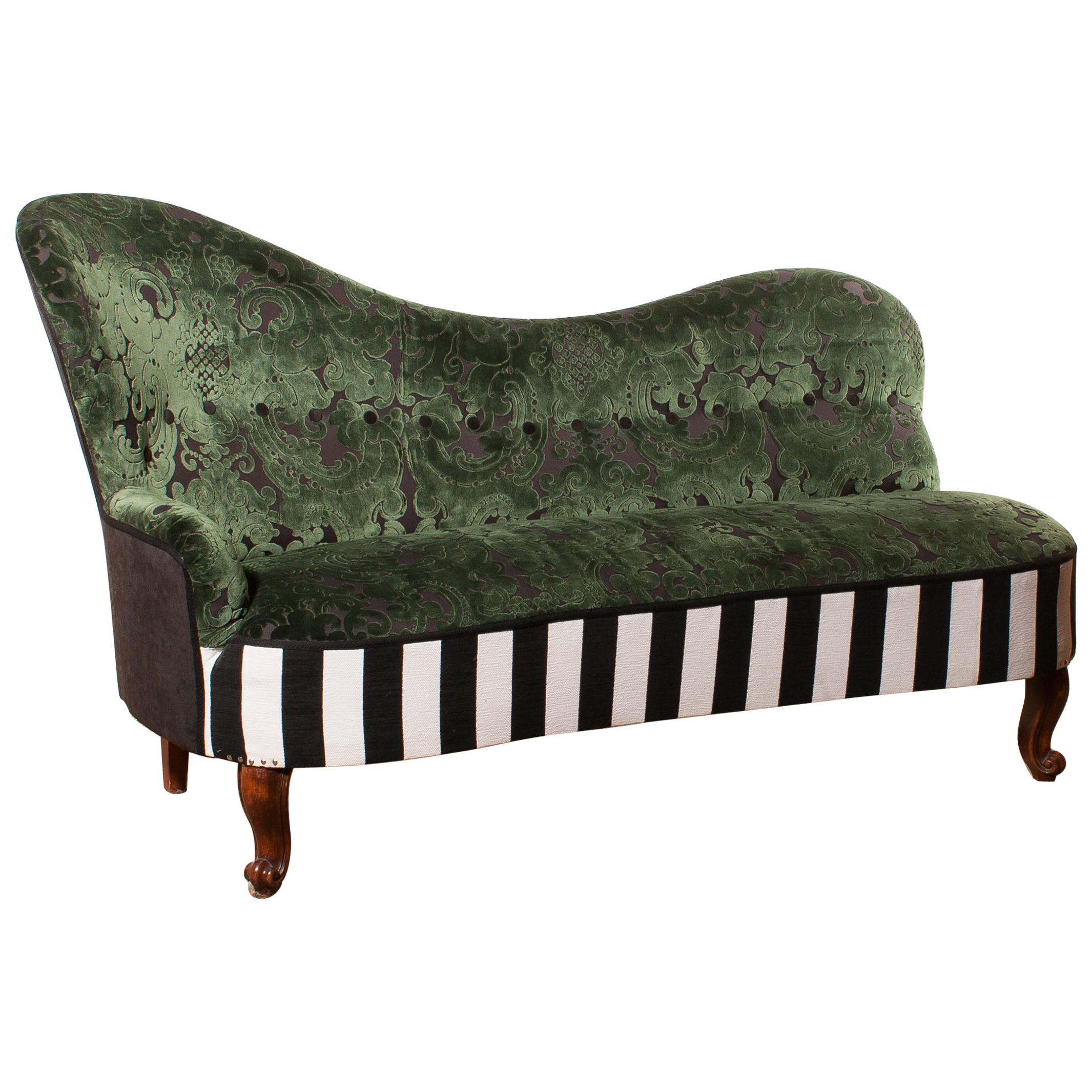 1950s, Green Jacquard Velvet and Velours Piano Stripe Sofa / Chaise Longue