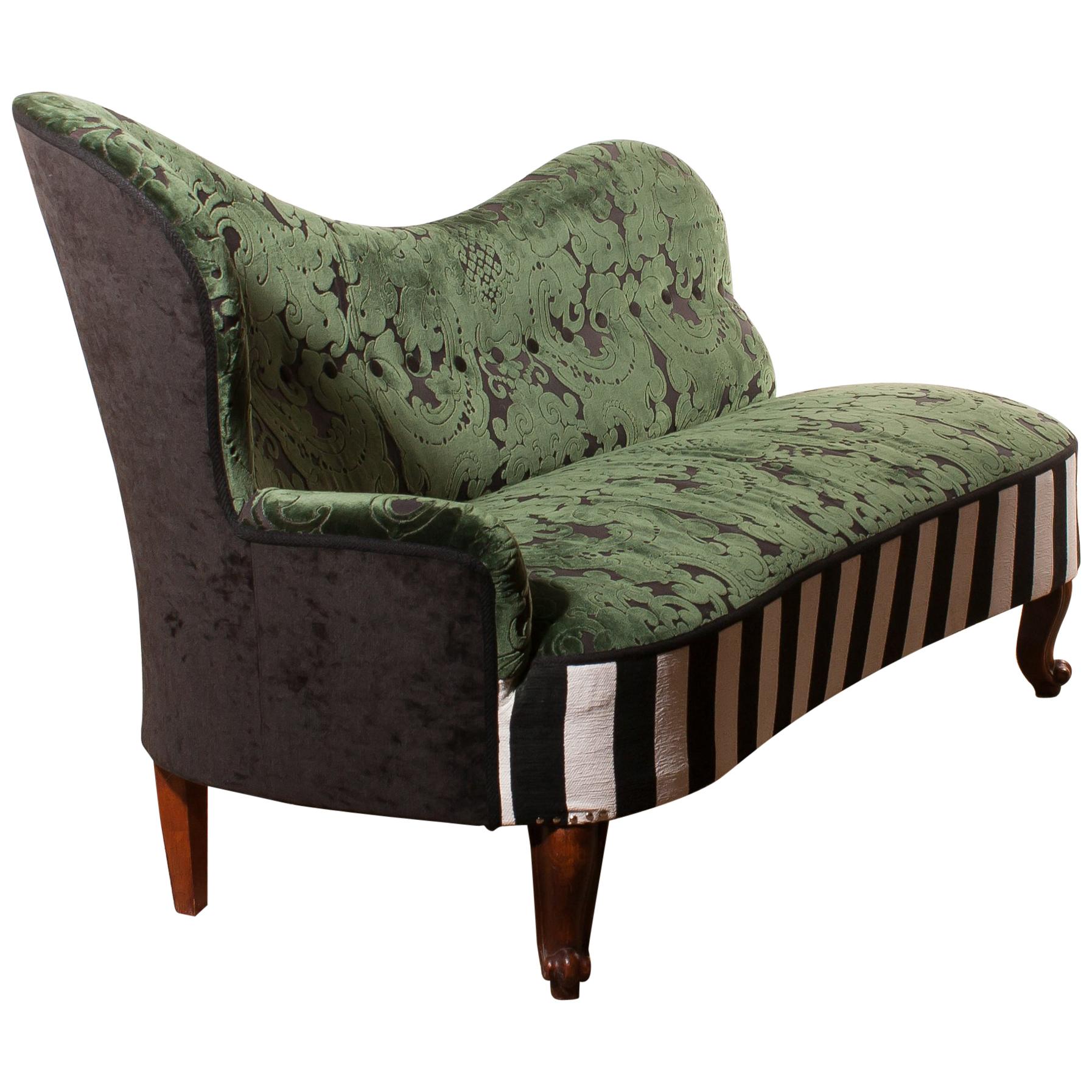 Art Nouveau 1950s Green Jacquard Velvet and Velours Piano Stripe Sofa or Chaise Lounge