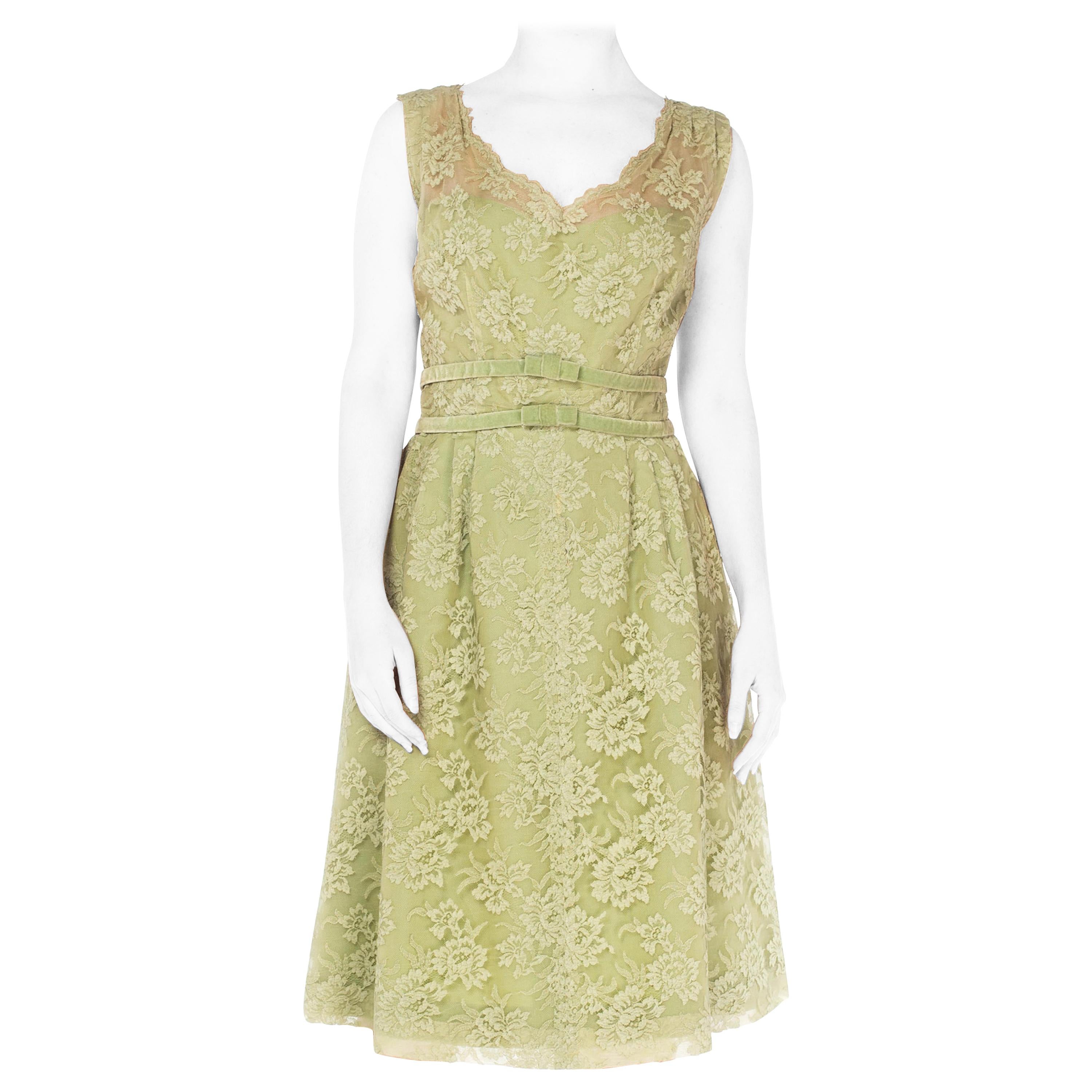 1950S Mint Green Silk & Rayon Chantilly Lace Cocktail Dress With Velvet Ribbon  For Sale