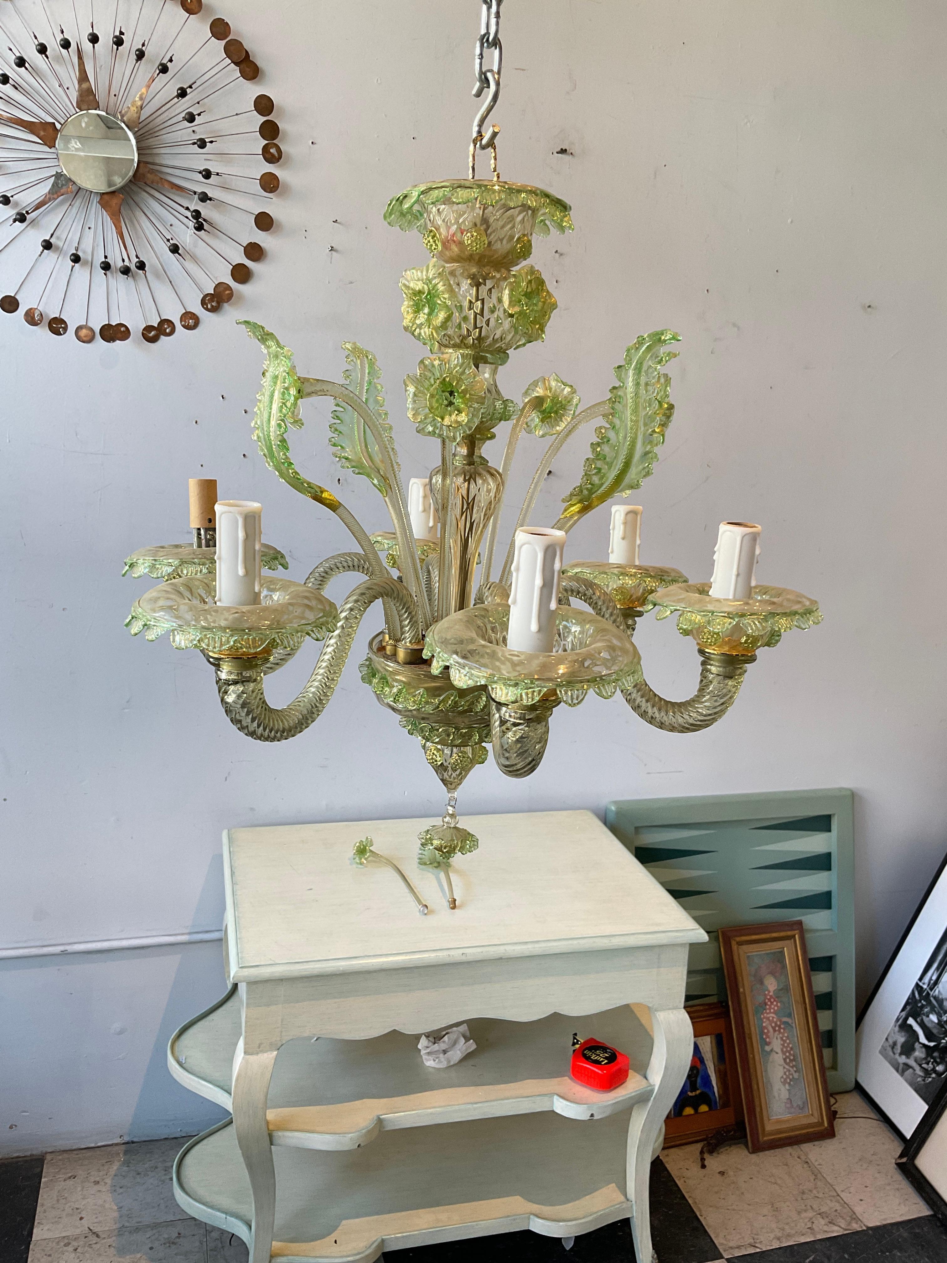 1950s Green Murano Floral Chandelier  In Good Condition For Sale In Tarrytown, NY