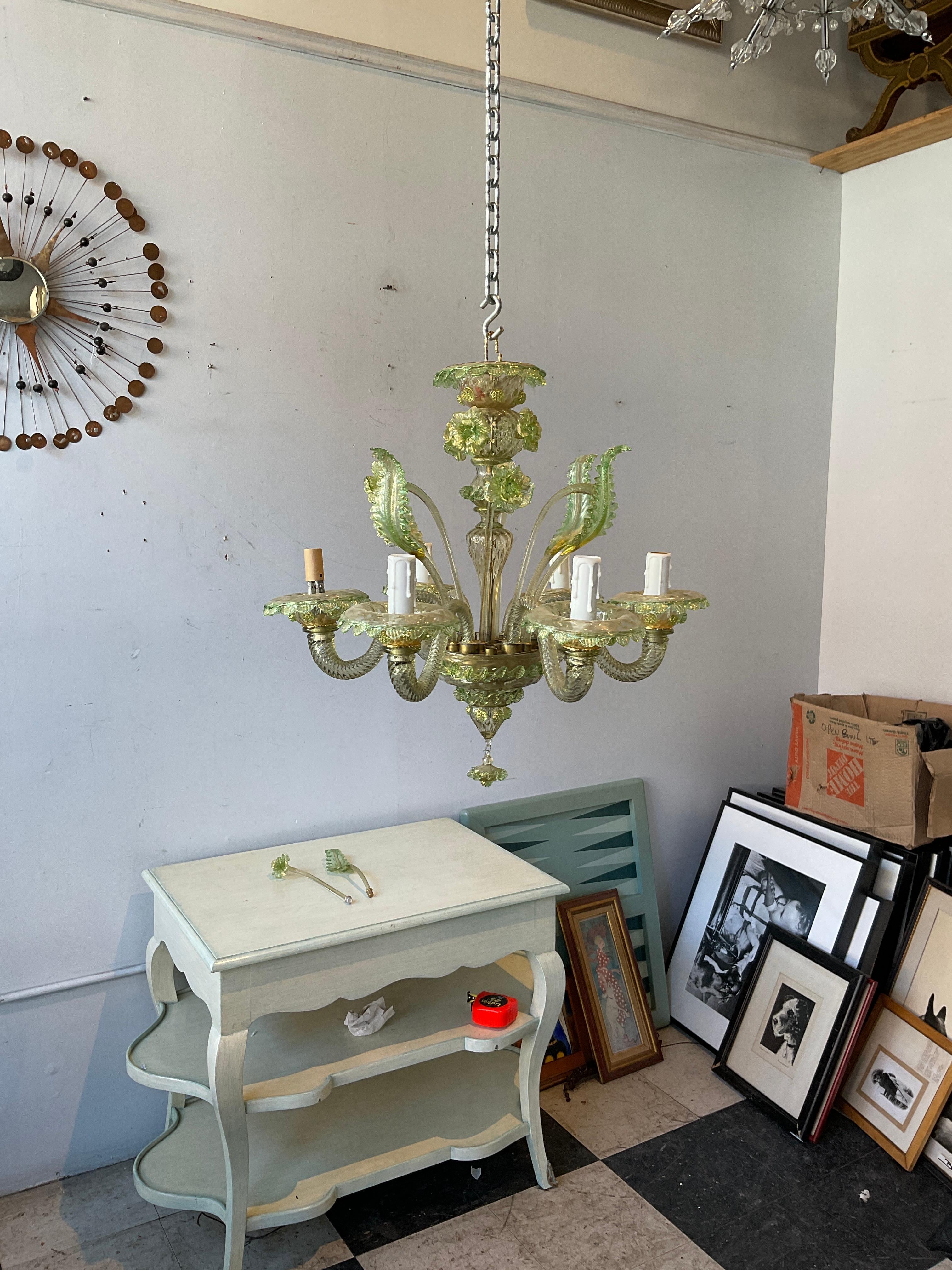 Murano Glass 1950s Green Murano Floral Chandelier  For Sale
