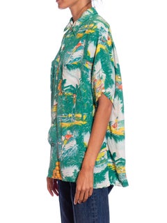 1950S Green Rayon Florida Pin-Up Girl Tourist Photo Print Mens Aloha Shirt