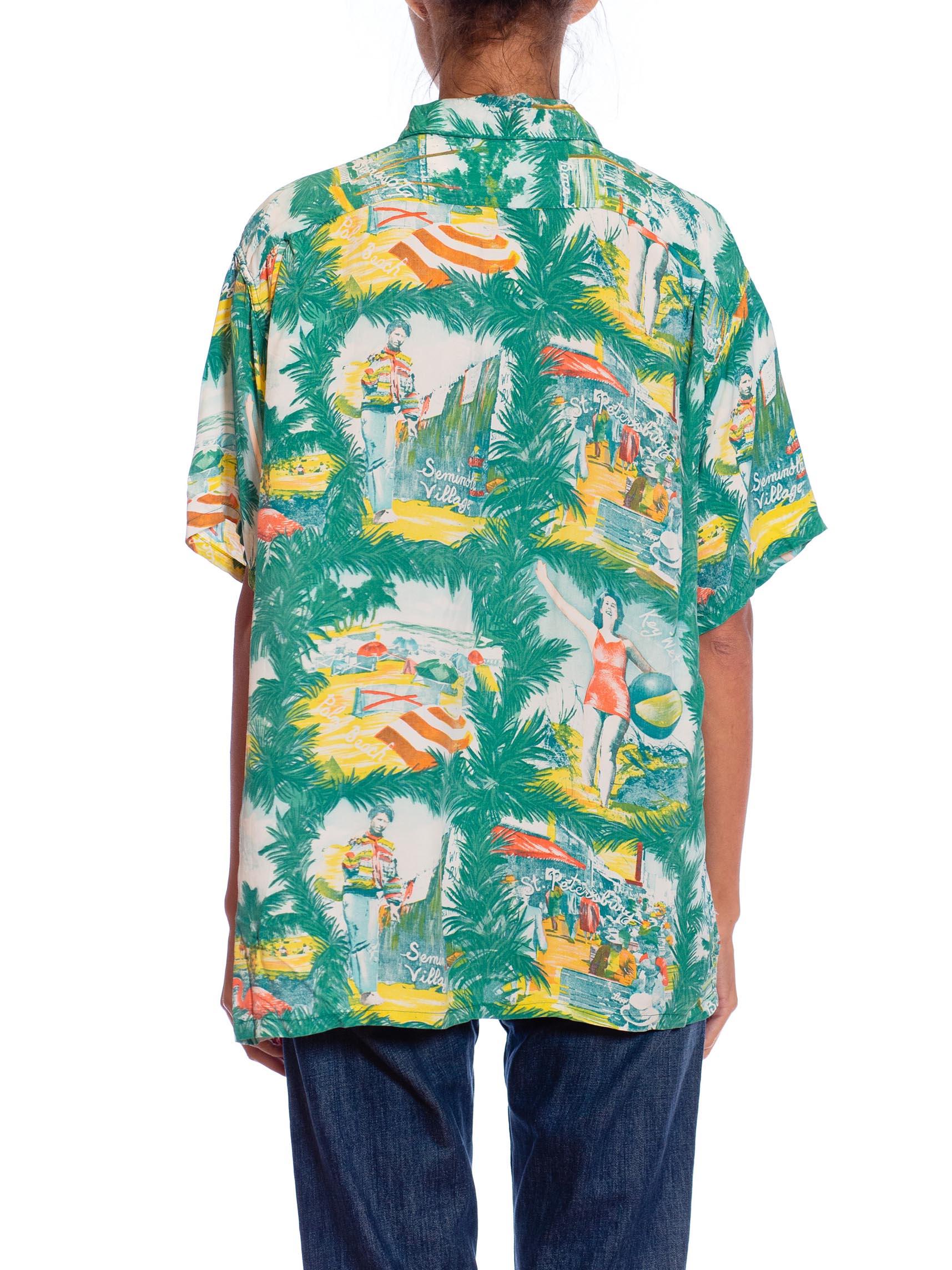 Men's 1950S Green Rayon Florida Pin-Up Girl Tourist Photo Print Mens Aloha Shirt For Sale