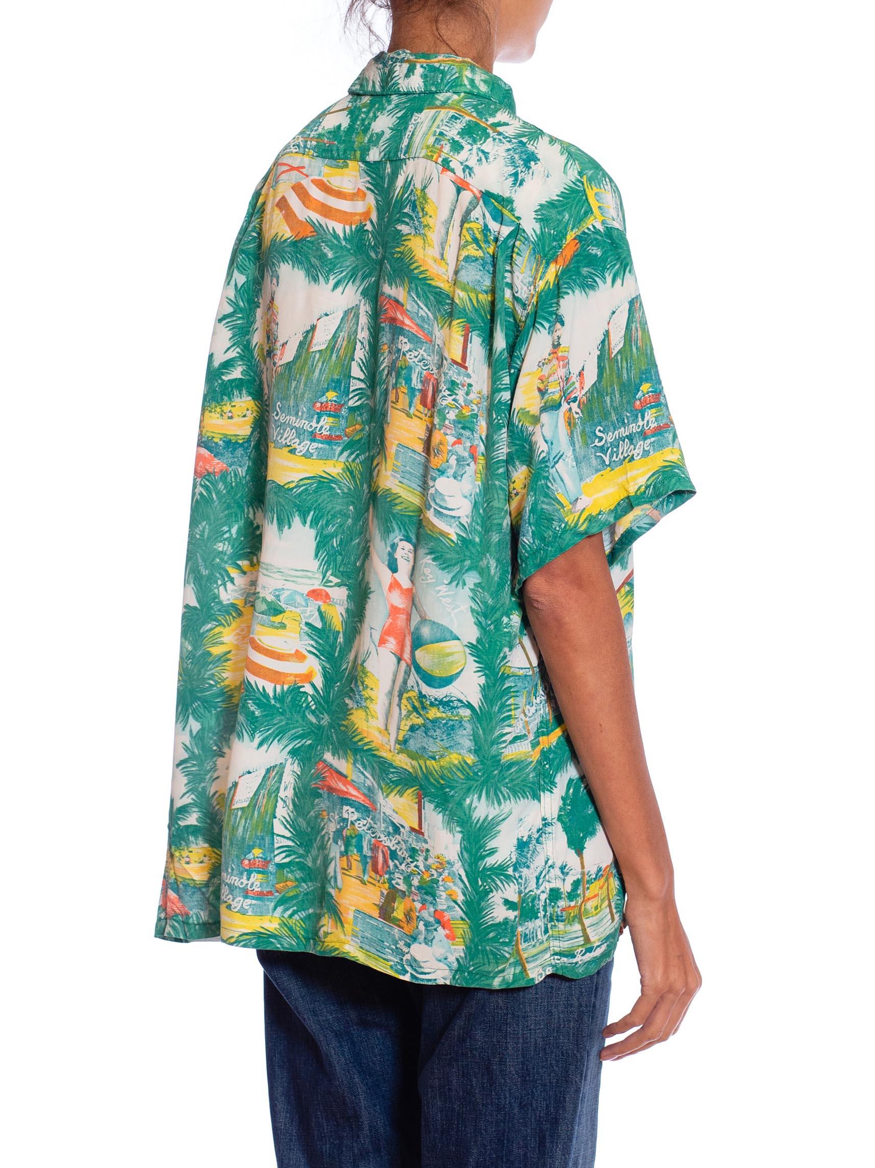 1950S Green Rayon Florida Pin-Up Girl Tourist Photo Print Mens Aloha Shirt For Sale 1