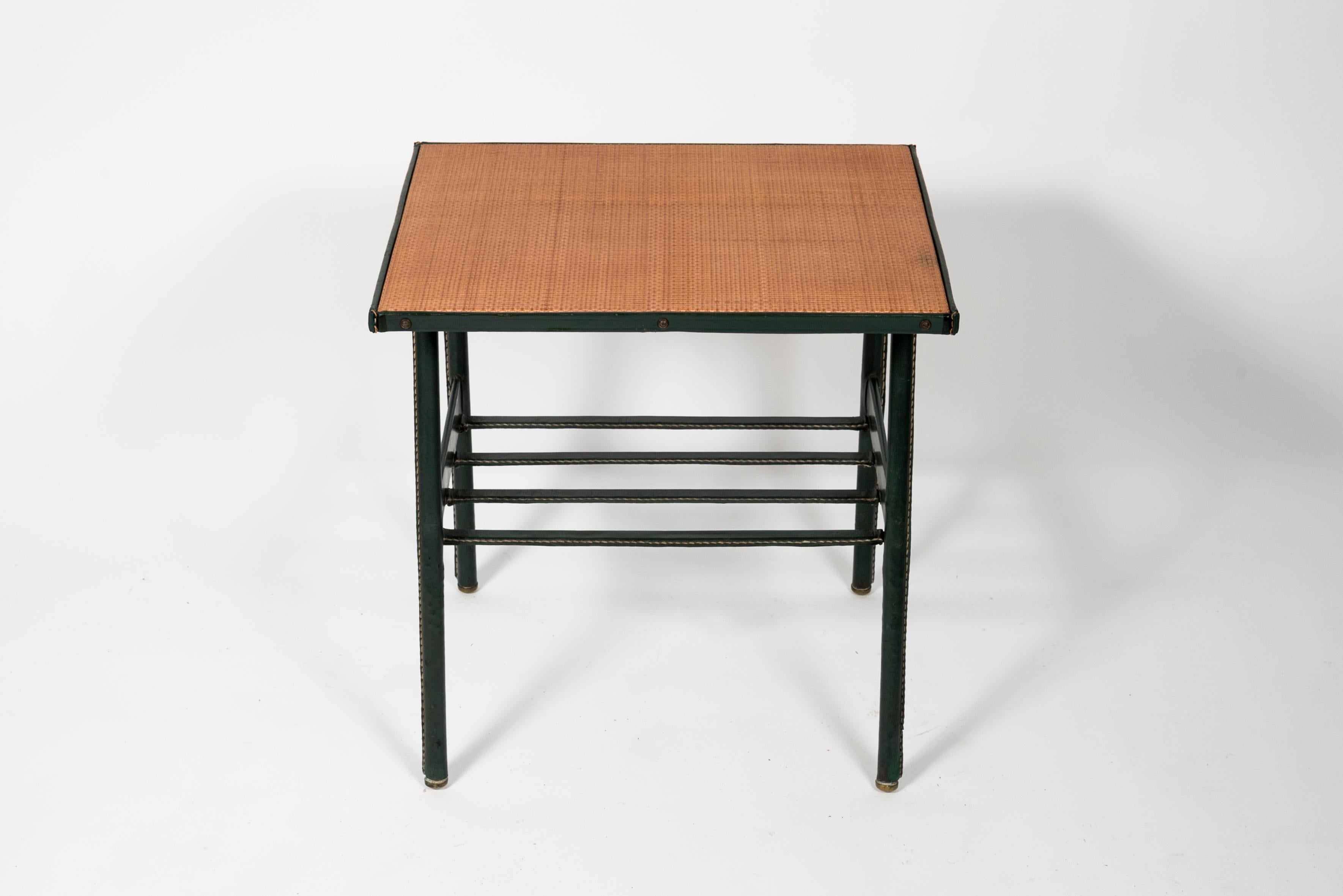 Mid-20th Century 1950s Green Steached Leather Side Table by Jacques Adnet For Sale