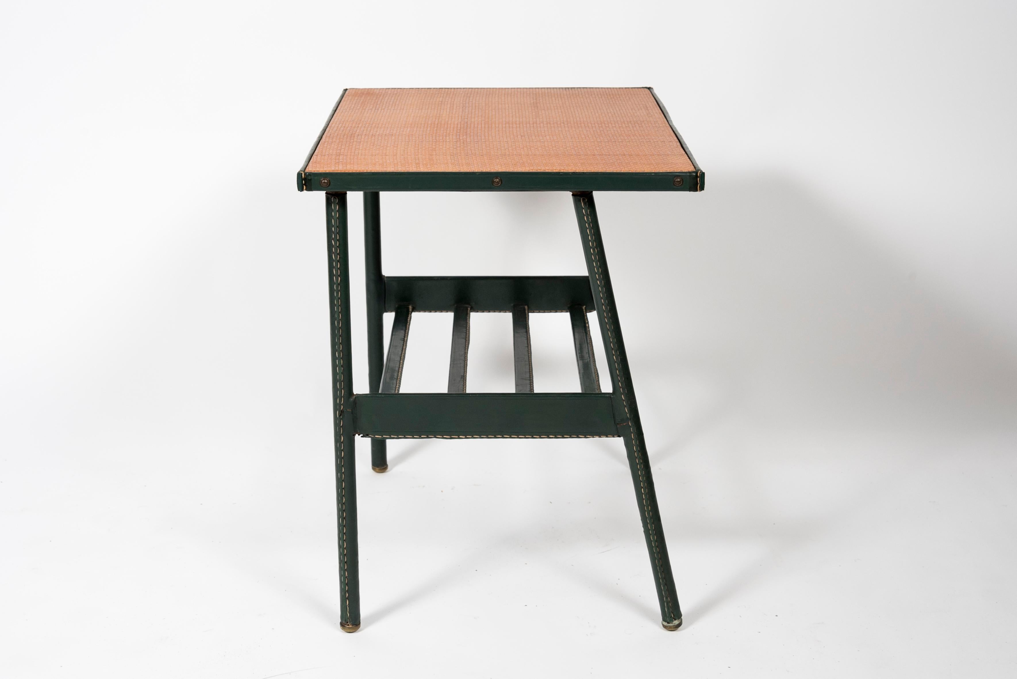 Brass 1950s Green Steached Leather Side Table by Jacques Adnet For Sale