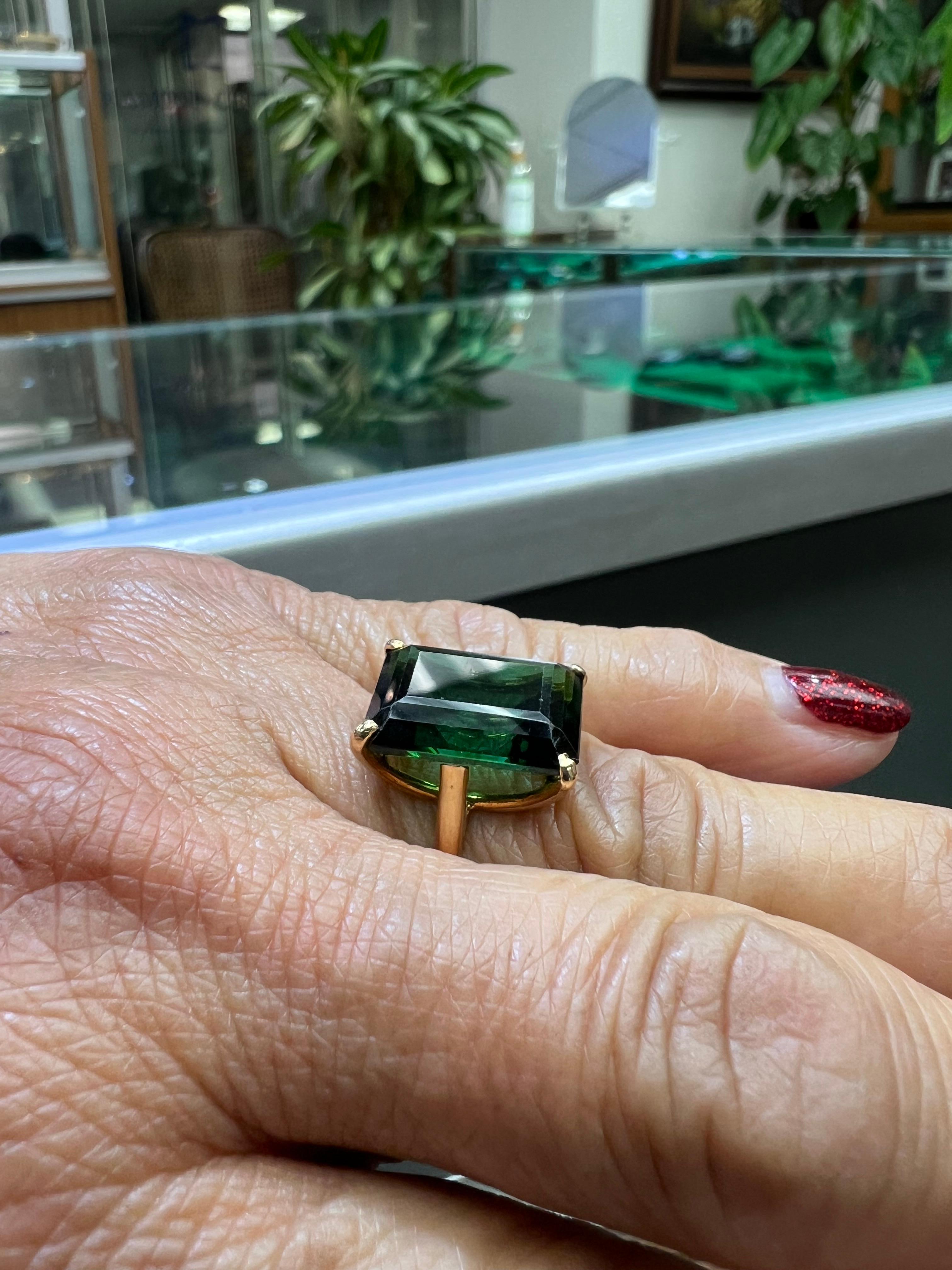 Modern 1950s Green Tourmaline Yellow Gold Solitaire Ring