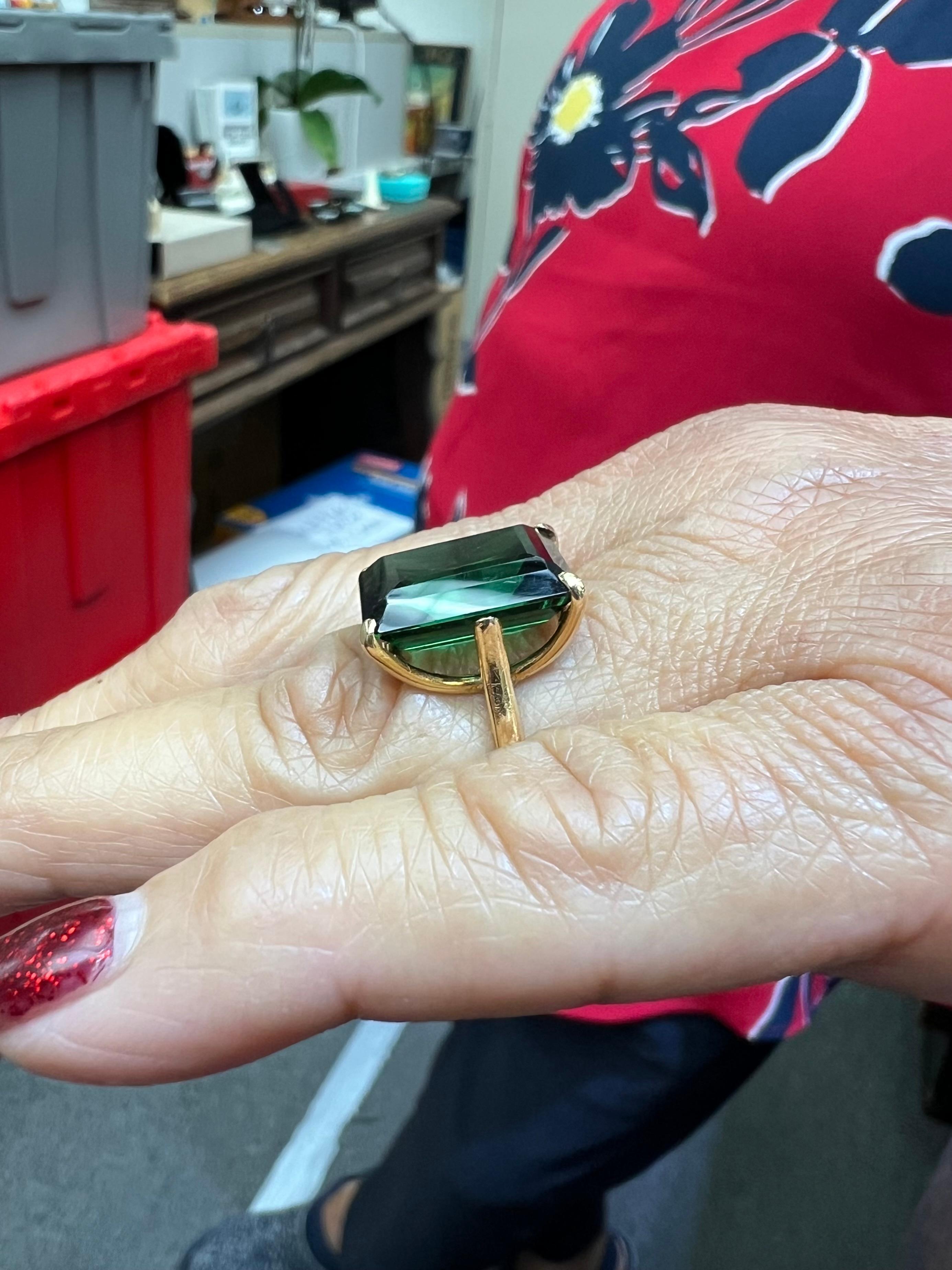 Emerald Cut 1950s Green Tourmaline Yellow Gold Solitaire Ring