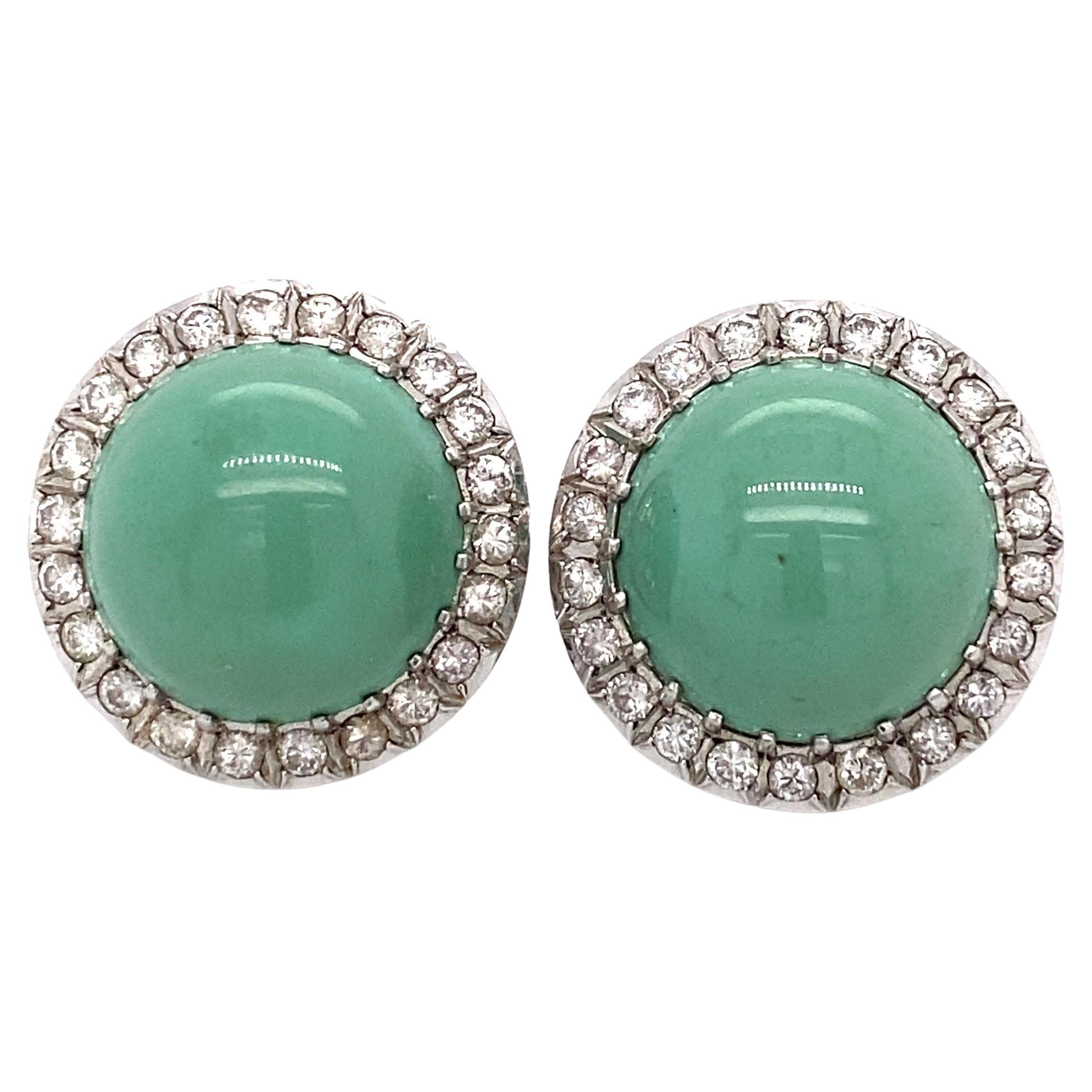 Orecchini a vite con diamante di turchese verde del 1950 in platino e oro bianco 14 carati