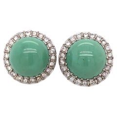 1950s Green Turquoise Diamond Screw Clip Earrings in Platinum and 14K White Gold