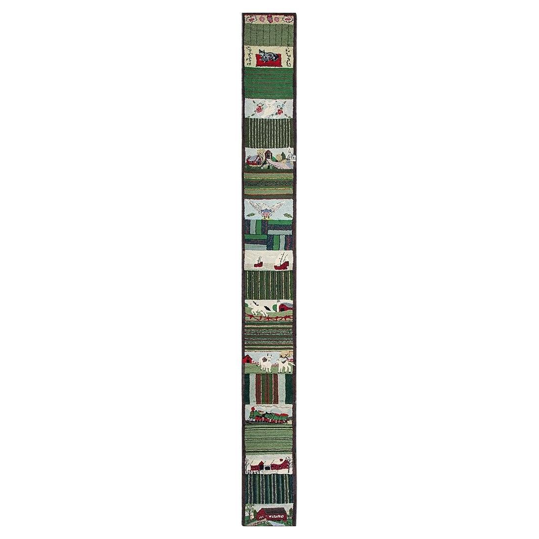 1950s Green Vintage Runner Animal Scene Pictorial Folk Art American Hooked Rug For Sale