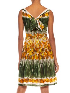 1950S Green White & Yellow Cotton Tulip Printed Fit-Flare Dress