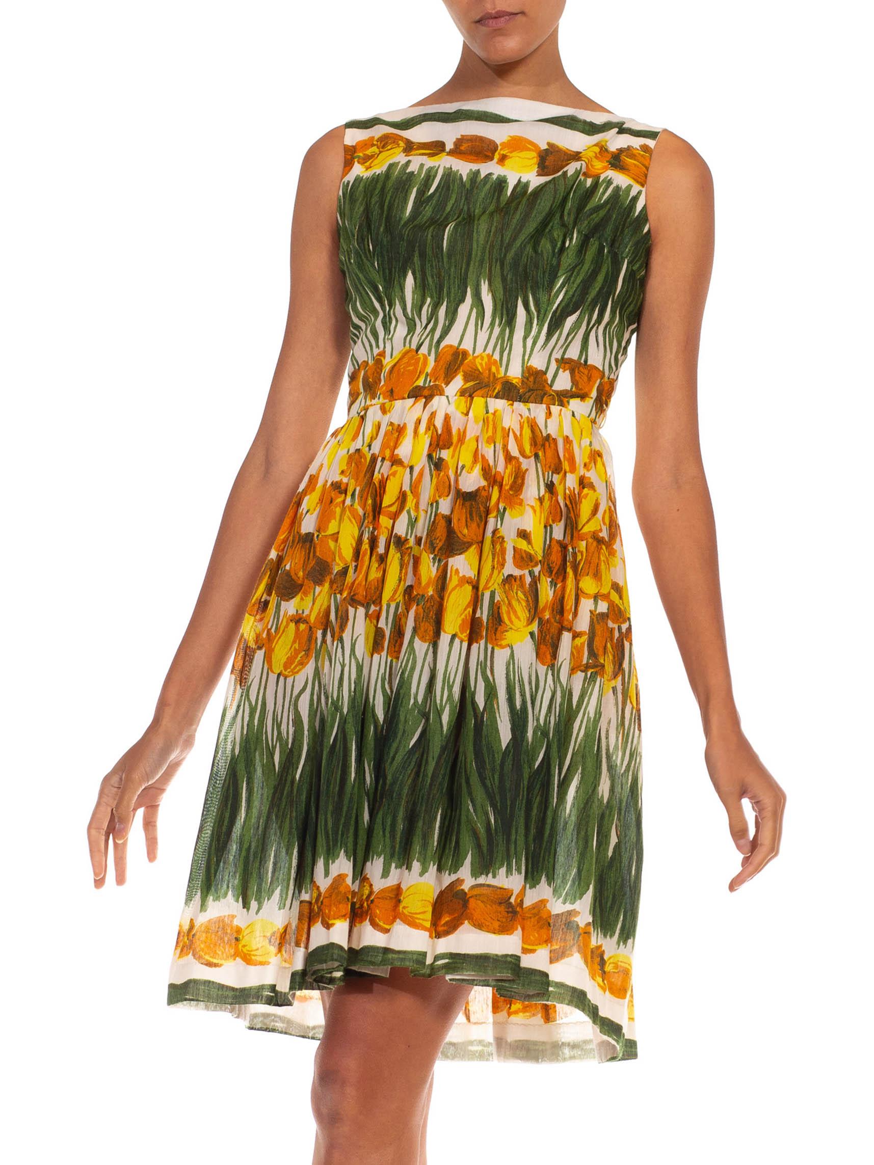 Brown 1950S Green White & Yellow Cotton Tulip Printed Fit-Flare Dress For Sale