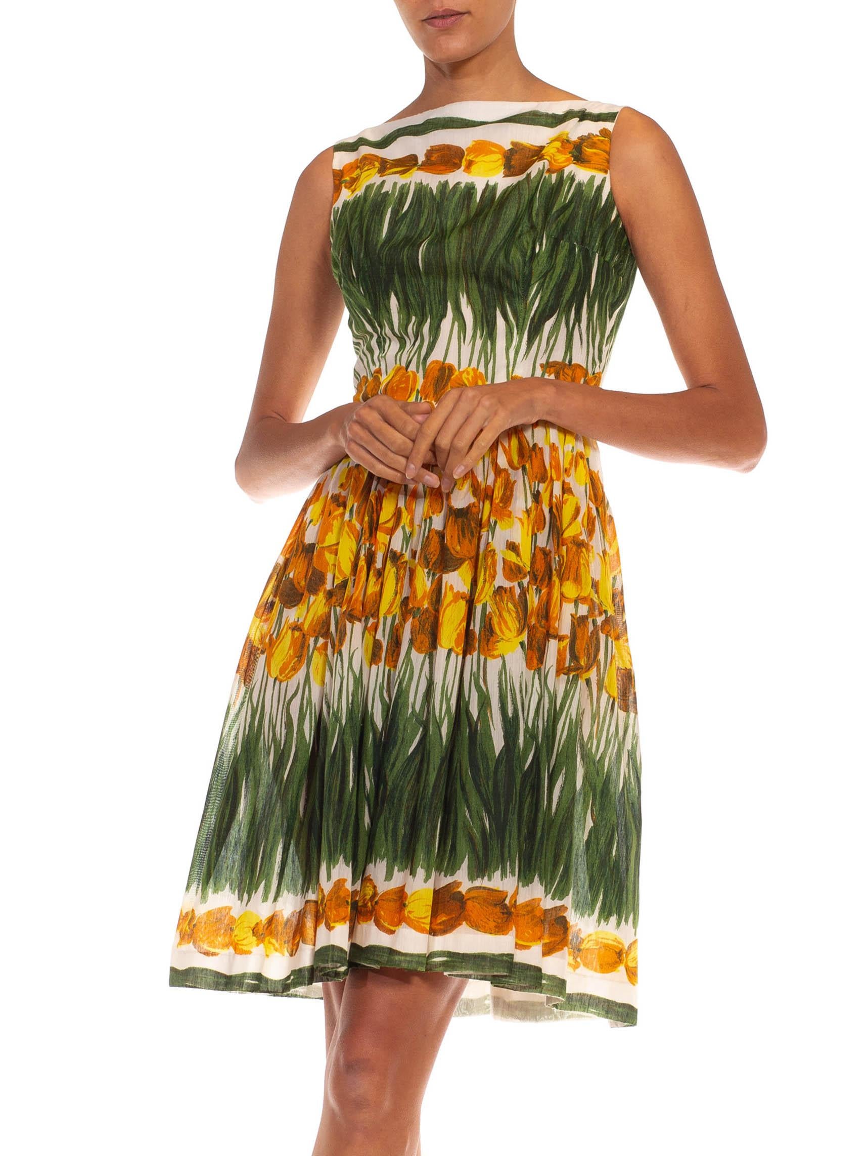 1950S Green White & Yellow Cotton Tulip Printed Fit-Flare Dress For Sale 2