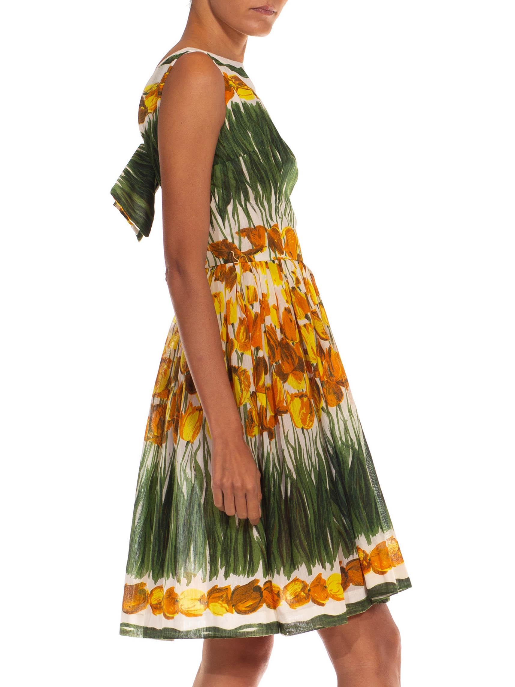 1950S Green White & Yellow Cotton Tulip Printed Fit-Flare Dress For Sale 4