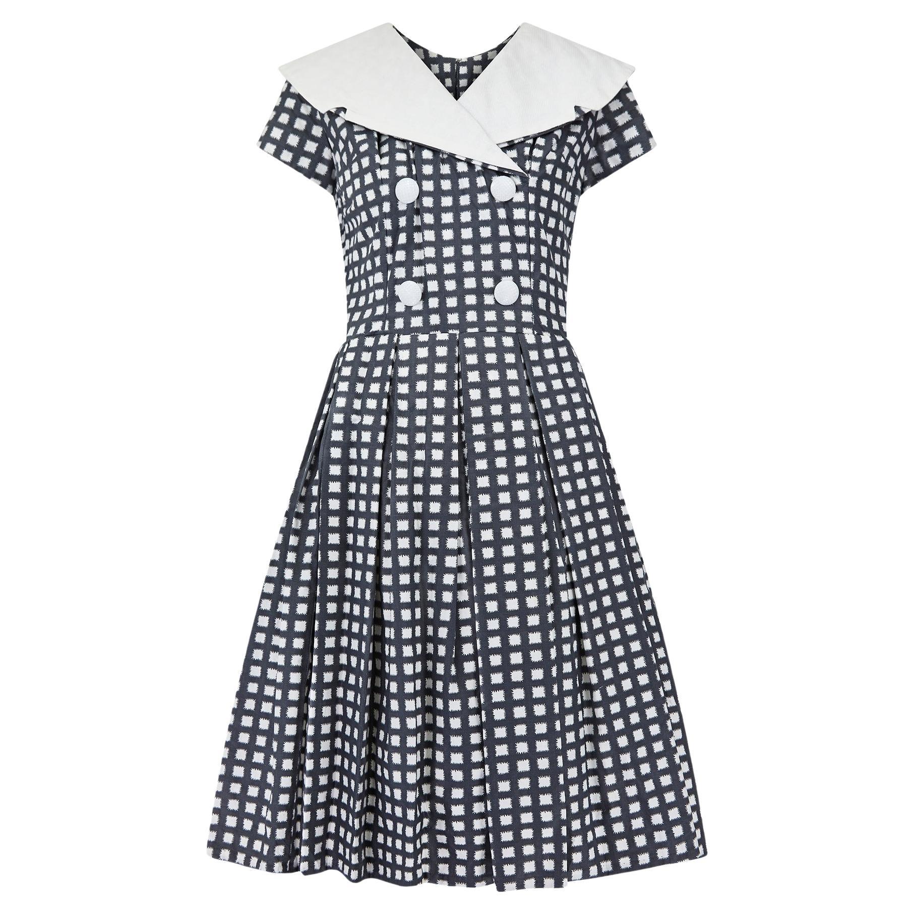 1950s Grey and White Cotton Box Pleat Dress For Sale