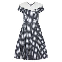 Vintage 1950s Grey and White Cotton Box Pleat Dress