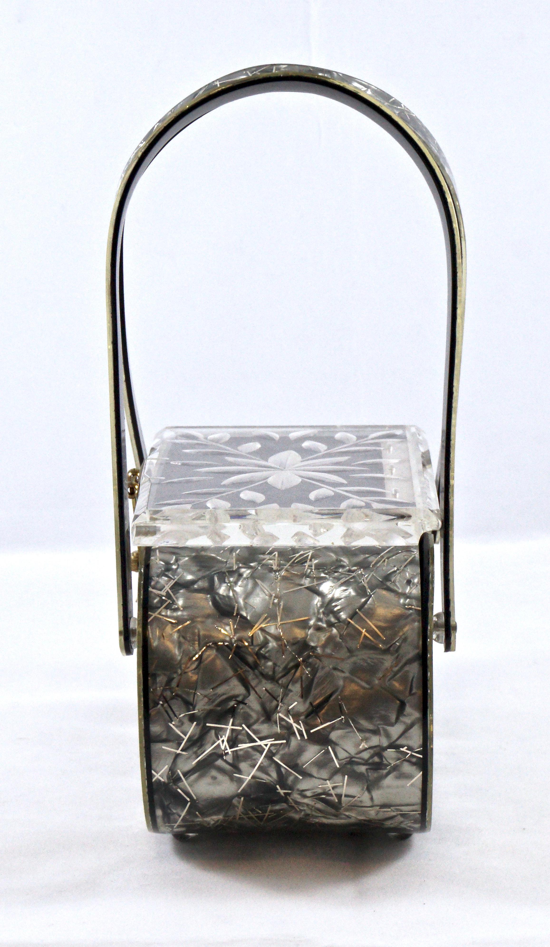 1950s Grey Black and Silver Confetti Lucite Handbag with a Clear Carved Lid 1