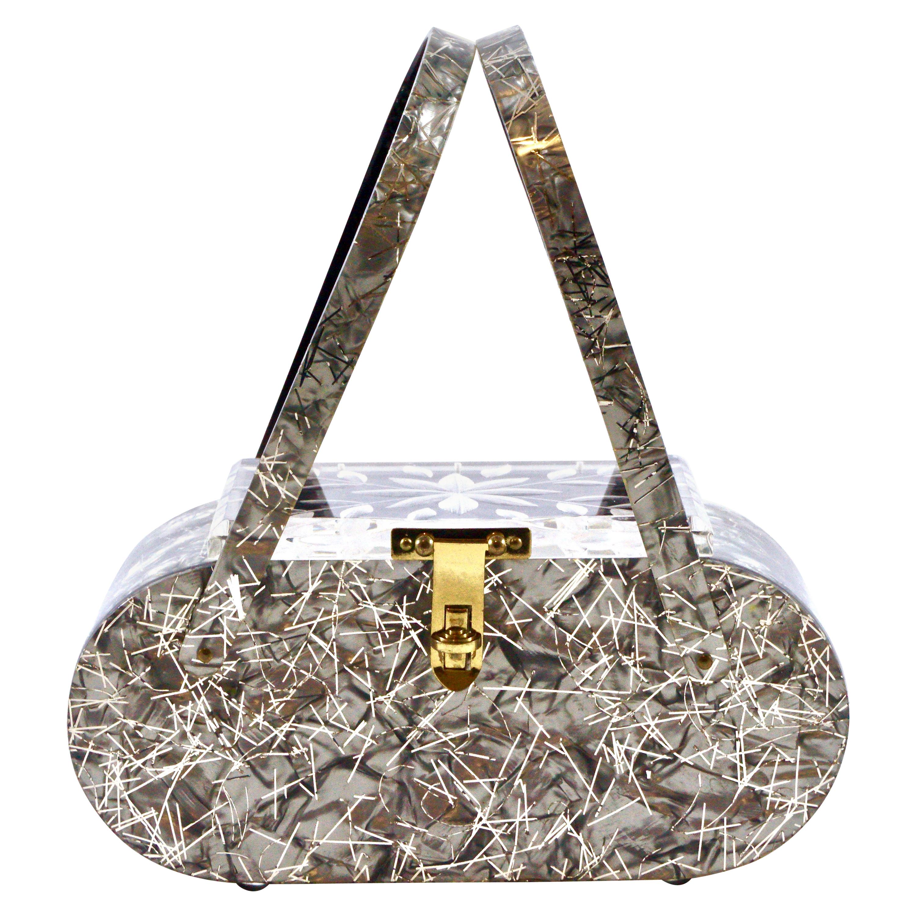 1950s Grey Black and Silver Confetti Lucite Handbag with a Clear Carved Lid