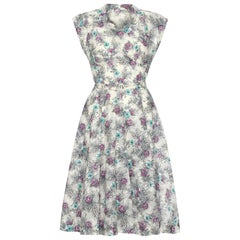 Vintage 1950s Grey Blue and Purple Floral Dress Never Worn