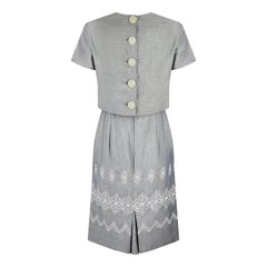 1950s Grey Cotton and White Embroidered Dress and Jacket Set