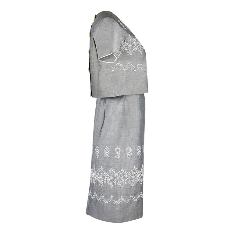 1950s Grey Cotton and White Embroidered Dress and Jacket Set For Sale at 1stDibs | banana republic embroidered dress, dresses and jacket sets 1950s Grey Cotton and White Embroidered Dress and Jacket Set For Sale at 1stDibs | banana republic embroidered dress, dresses and jacket sets