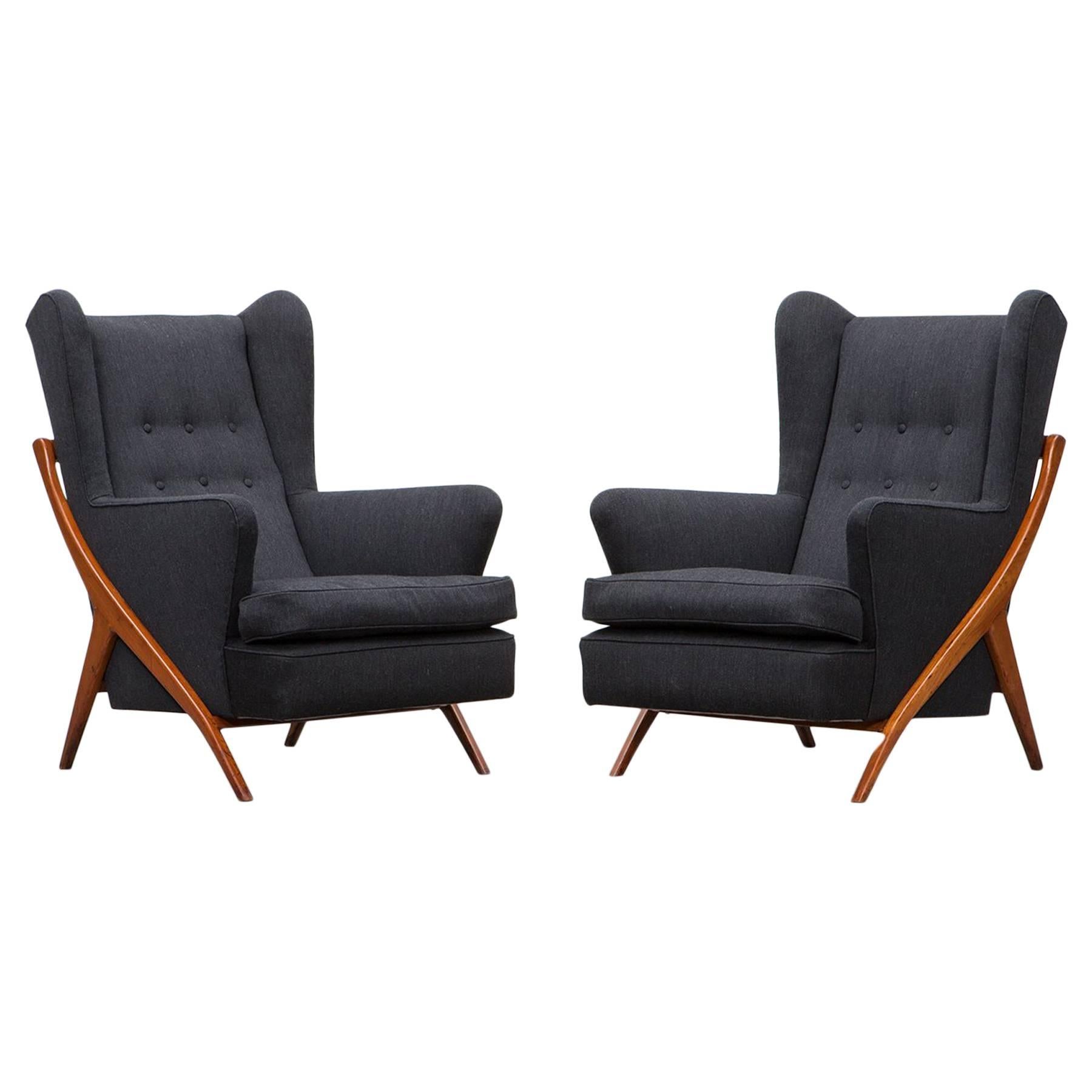 1950s Grey Fabric and Oak Base Lounge Chairs by Mario Gottardi 'New Upholstery'