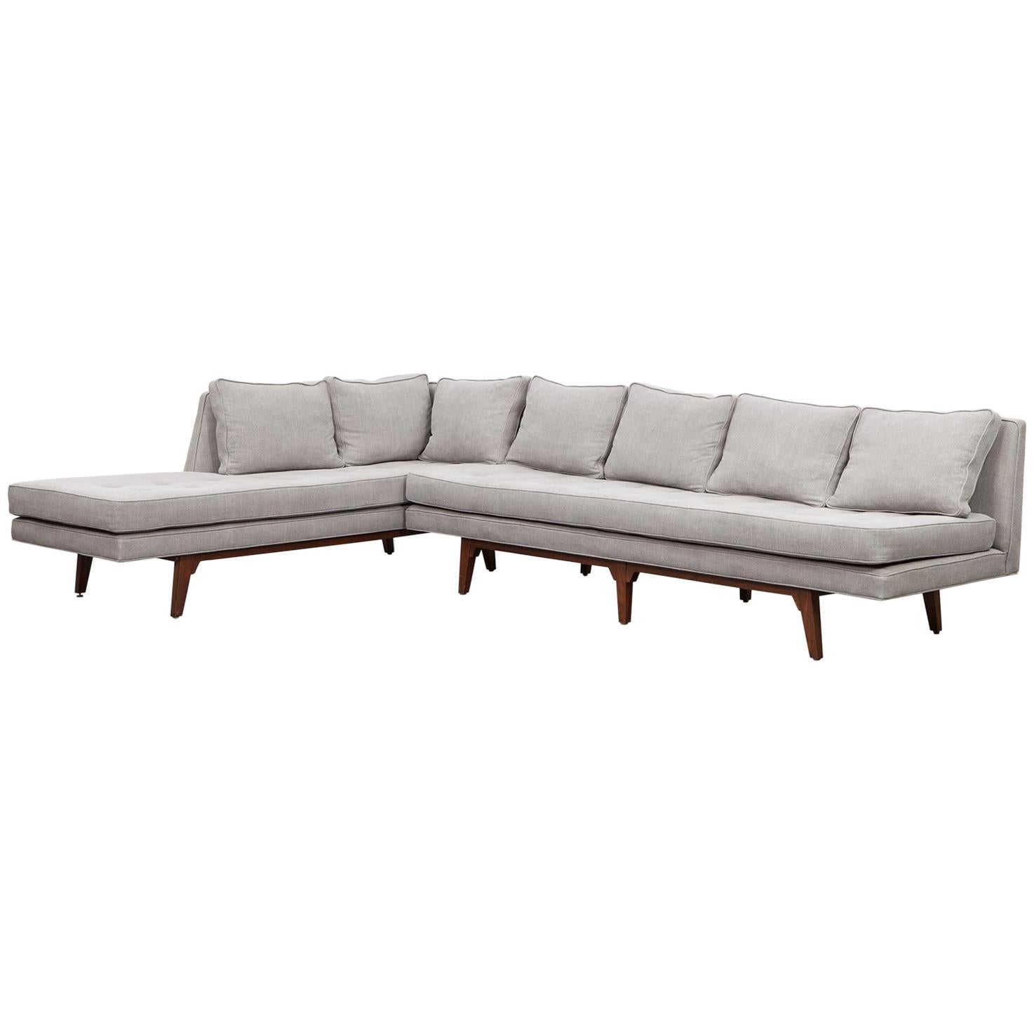 1950s Grey Fabric, Mahogany Legs Sectional Sofa by Edward Wormley