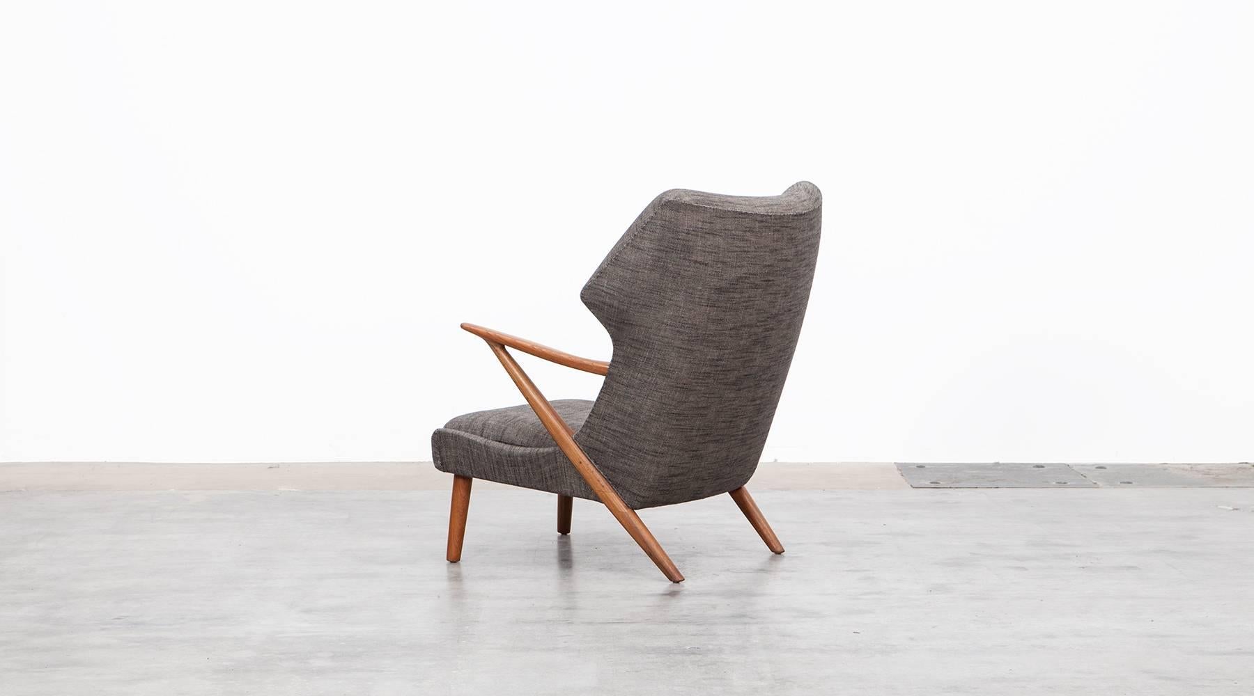 Danish 1950s Grey Fabric, Wooden Frame Lounge Chair with Ottoman by Kurt Olsen