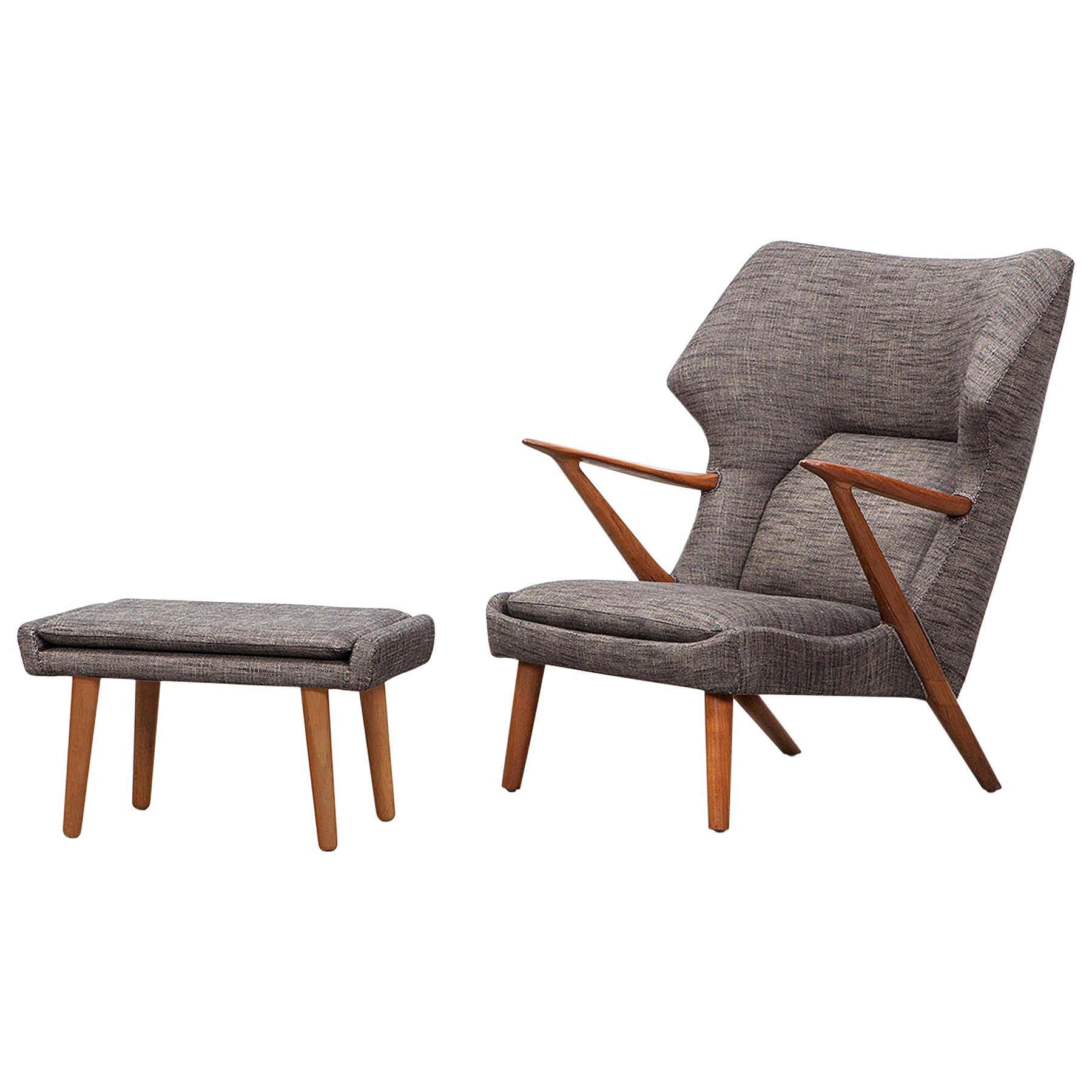 1950s Grey Fabric, Wooden Frame Lounge Chair with Ottoman by Kurt Olsen