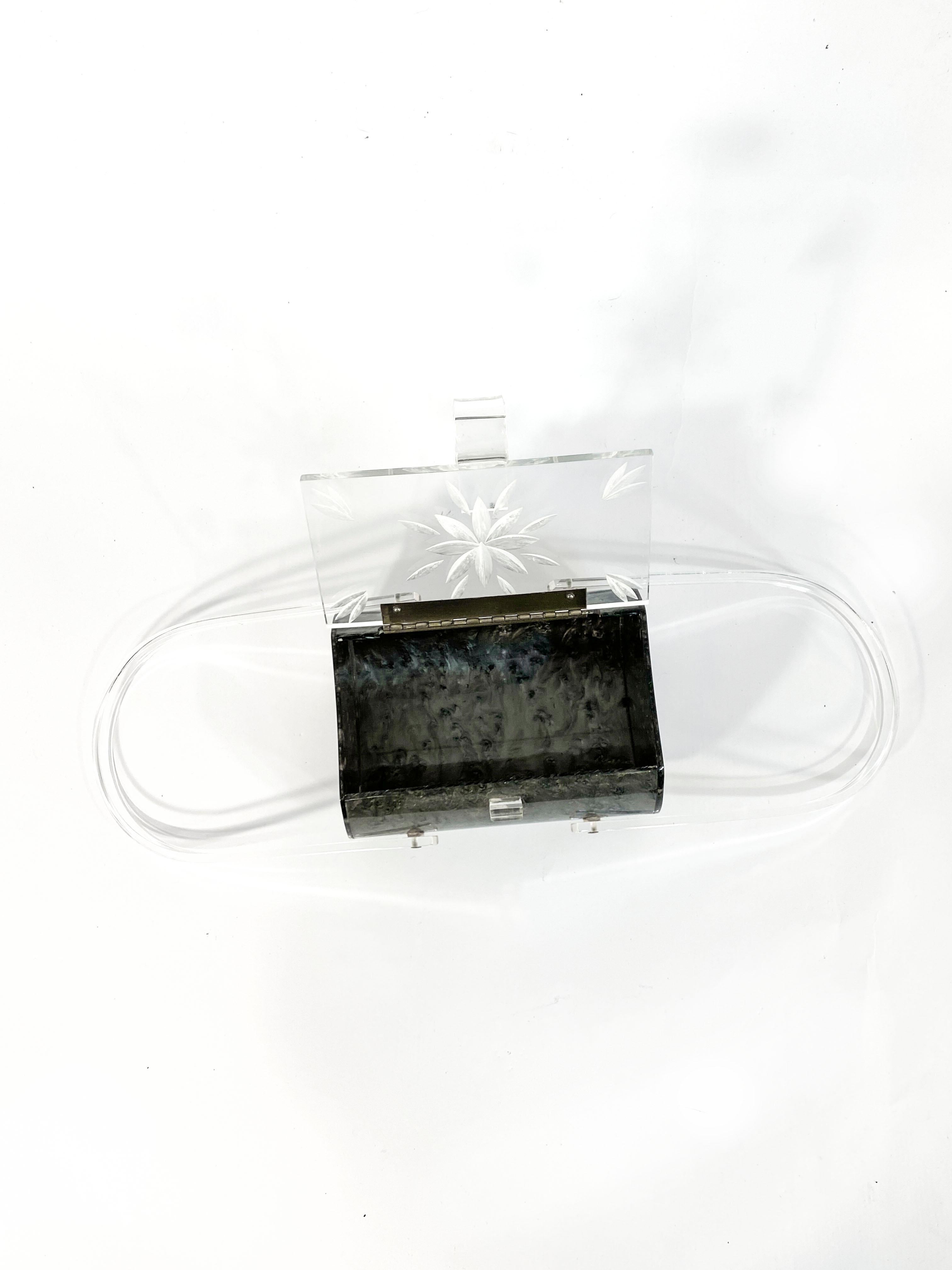 Gray 1950s Grey Iridescent Lucite Purse with Clear Accents