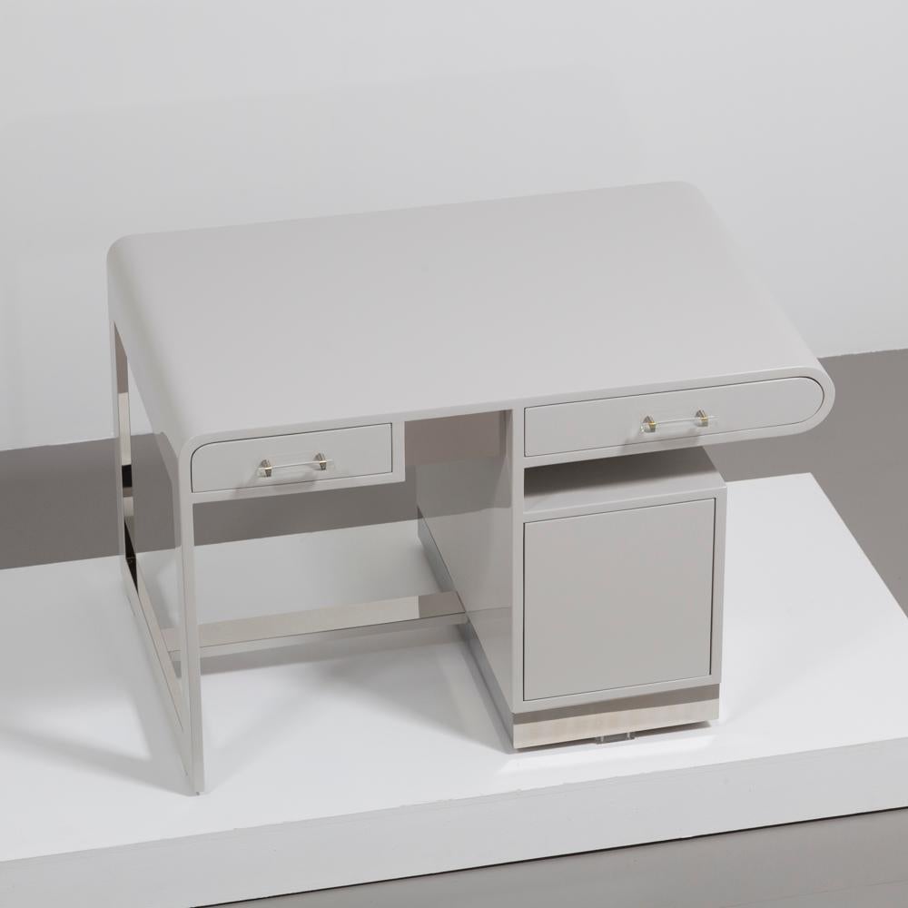 Mid-20th Century 1950s Grey Lacquered Desk with Steel and Lucite Details