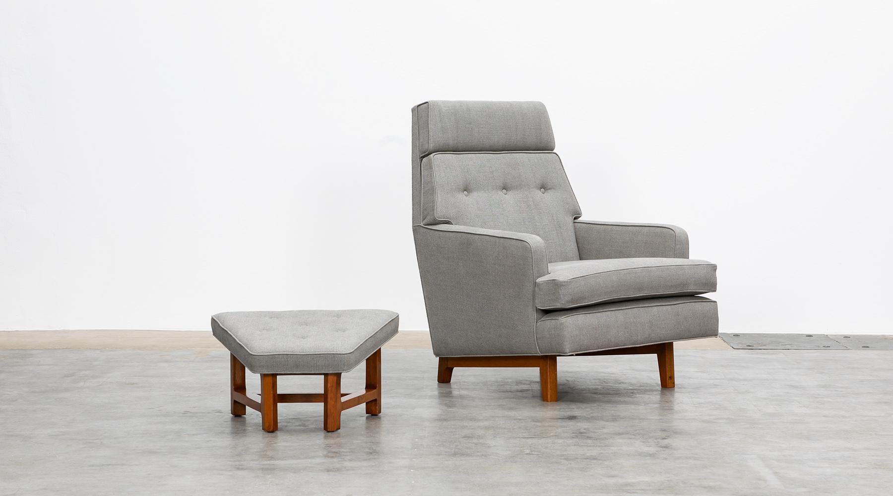 Mid-Century Modern 1950s Grey Lounge Chair with Ottoman by Edward Wormley, New Upholstery