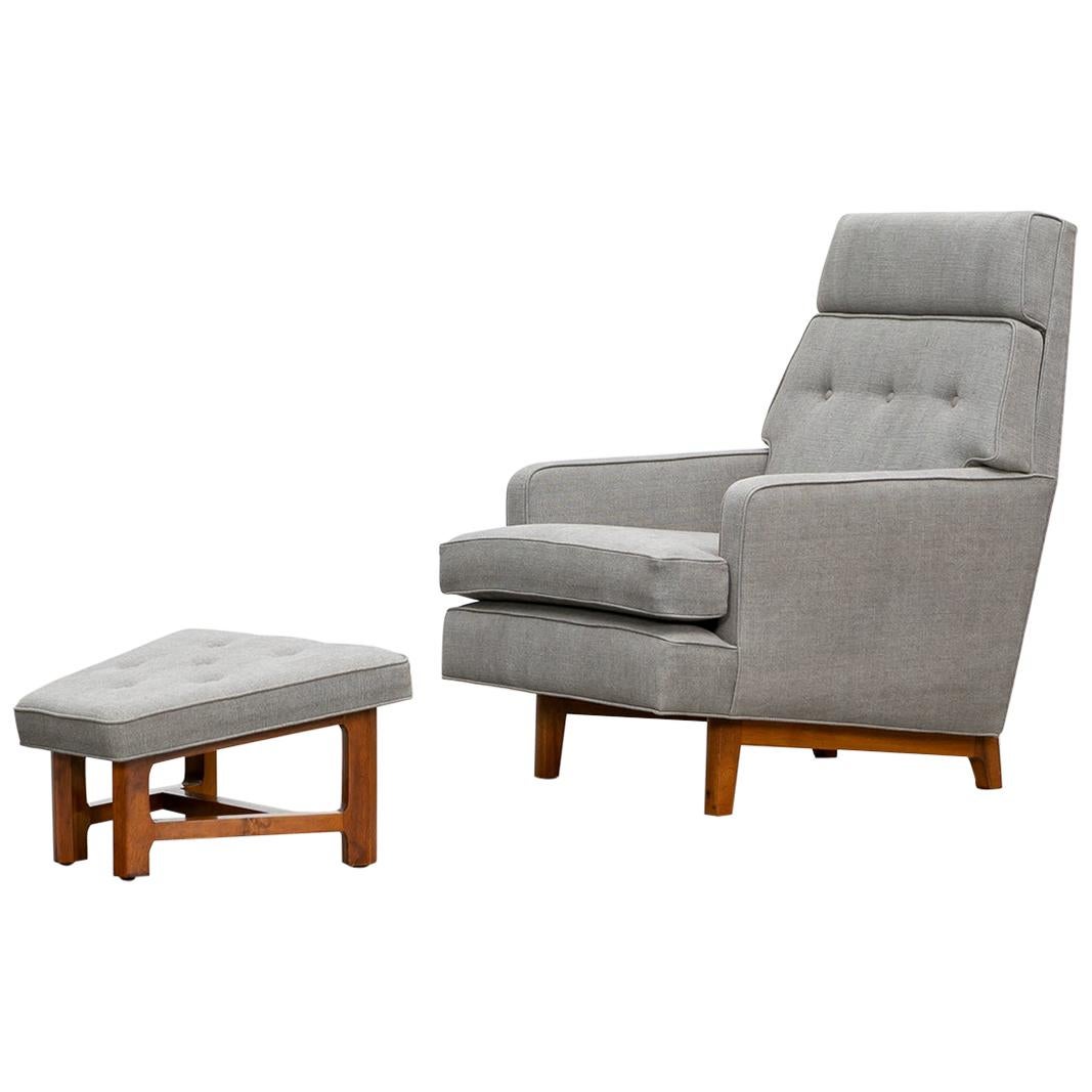 1950s Grey Lounge Chair with Ottoman by Edward Wormley, New Upholstery