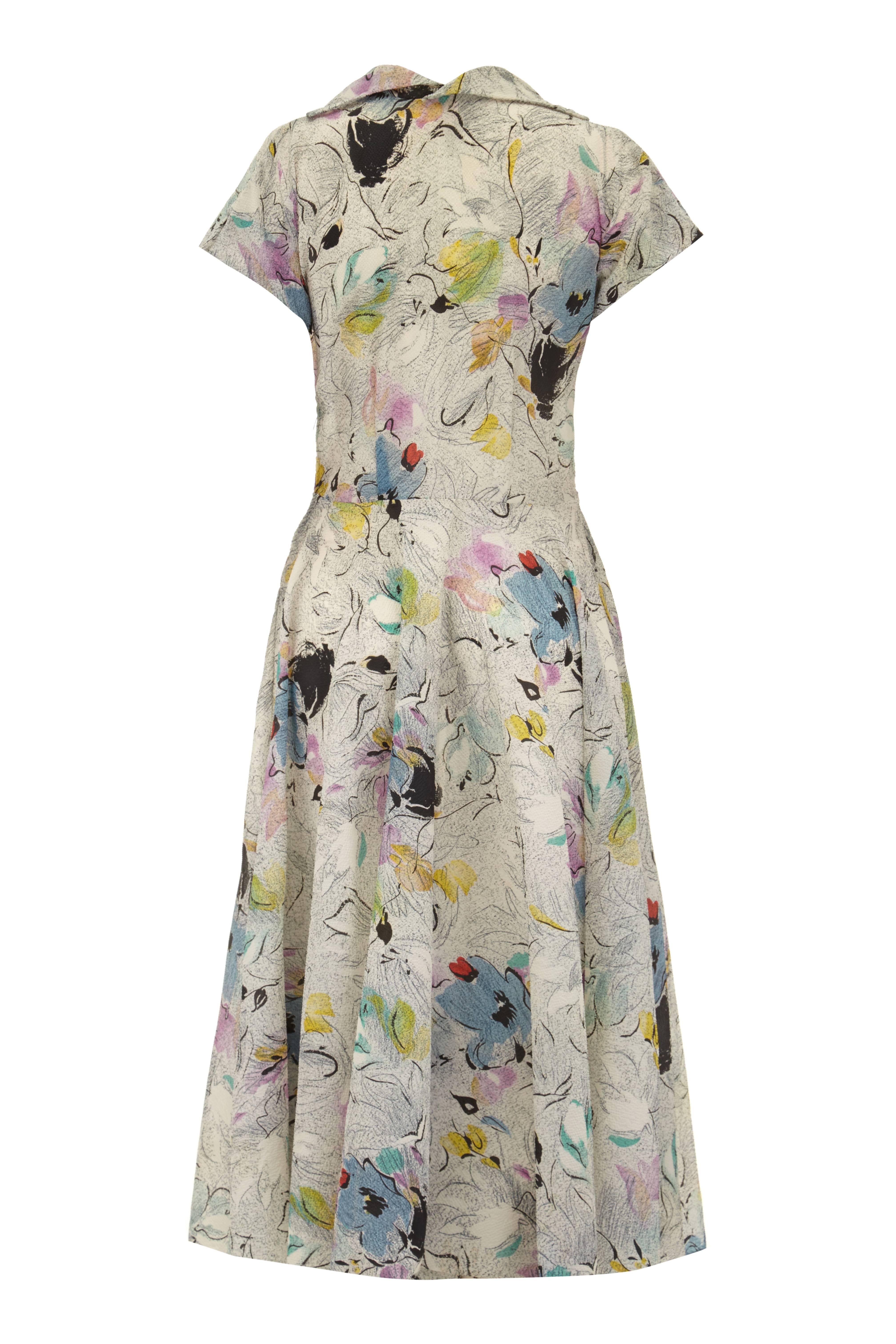 1950s Grey Textured Crepe Abstract Floral Print Dress at 1stDibs