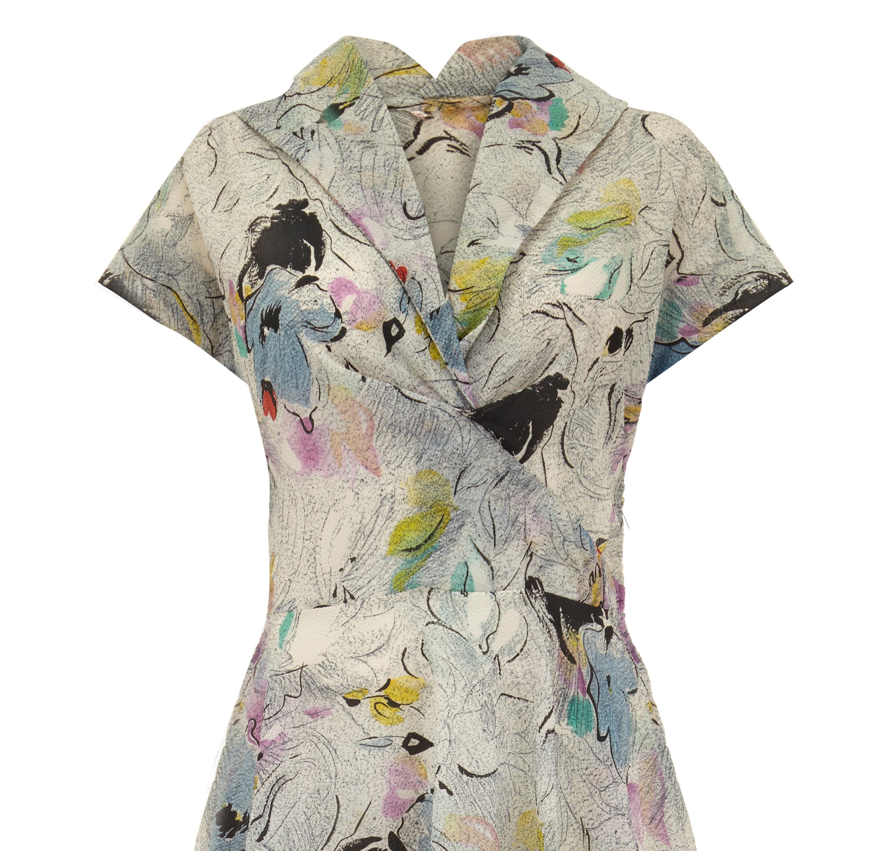 1950s Grey Textured Crepe Abstract Floral Print Dress at 1stDibs