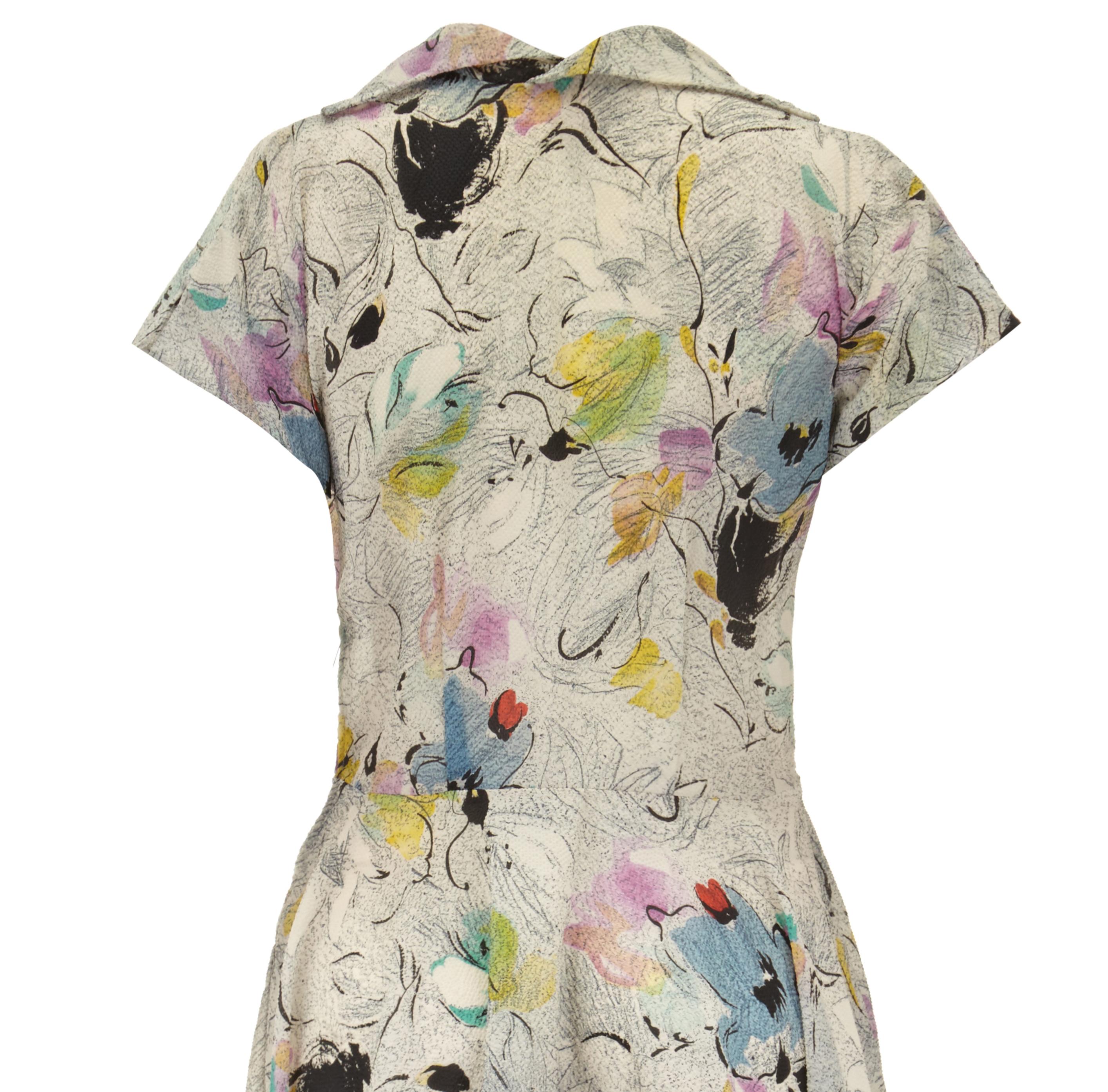 1950s Grey Textured Crepe Abstract Floral Print Dress at 1stDibs