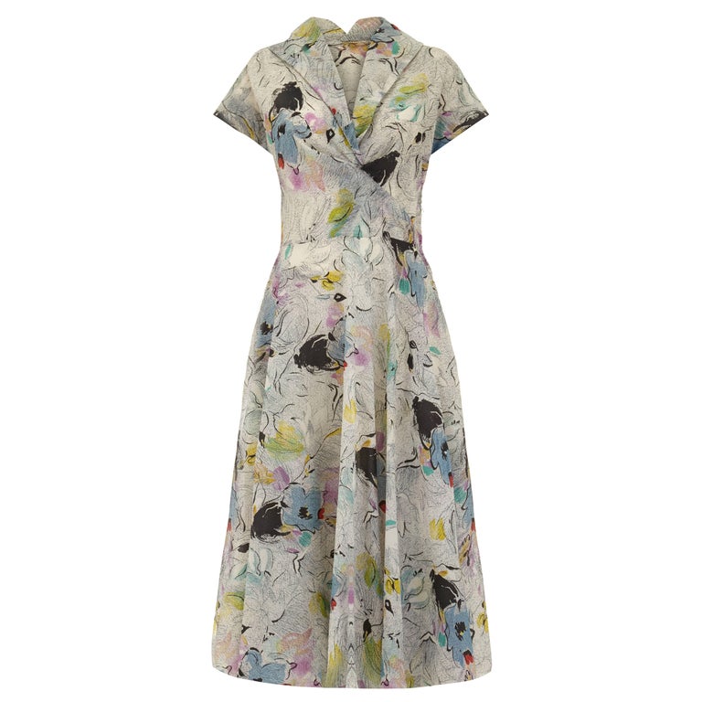 1950s Grey Textured Nylon Crepe Abstract Floral Print Dress For Sale at ...