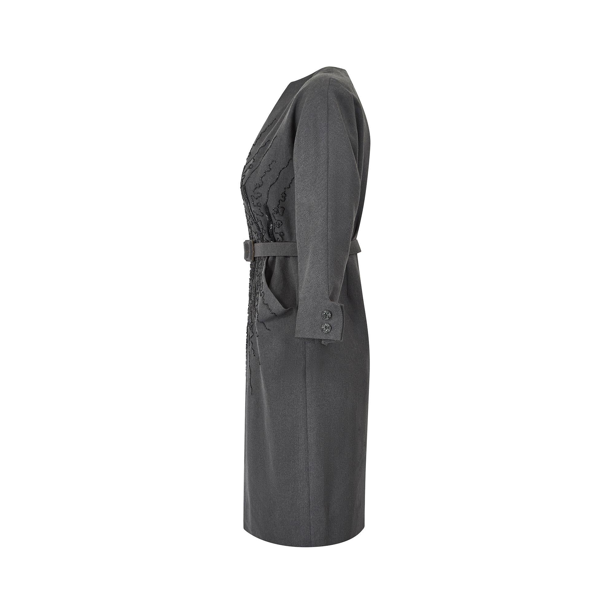 Black 1950s Grey Wool Dolman Sleeve Dress with Elaborate Beadwork For Sale