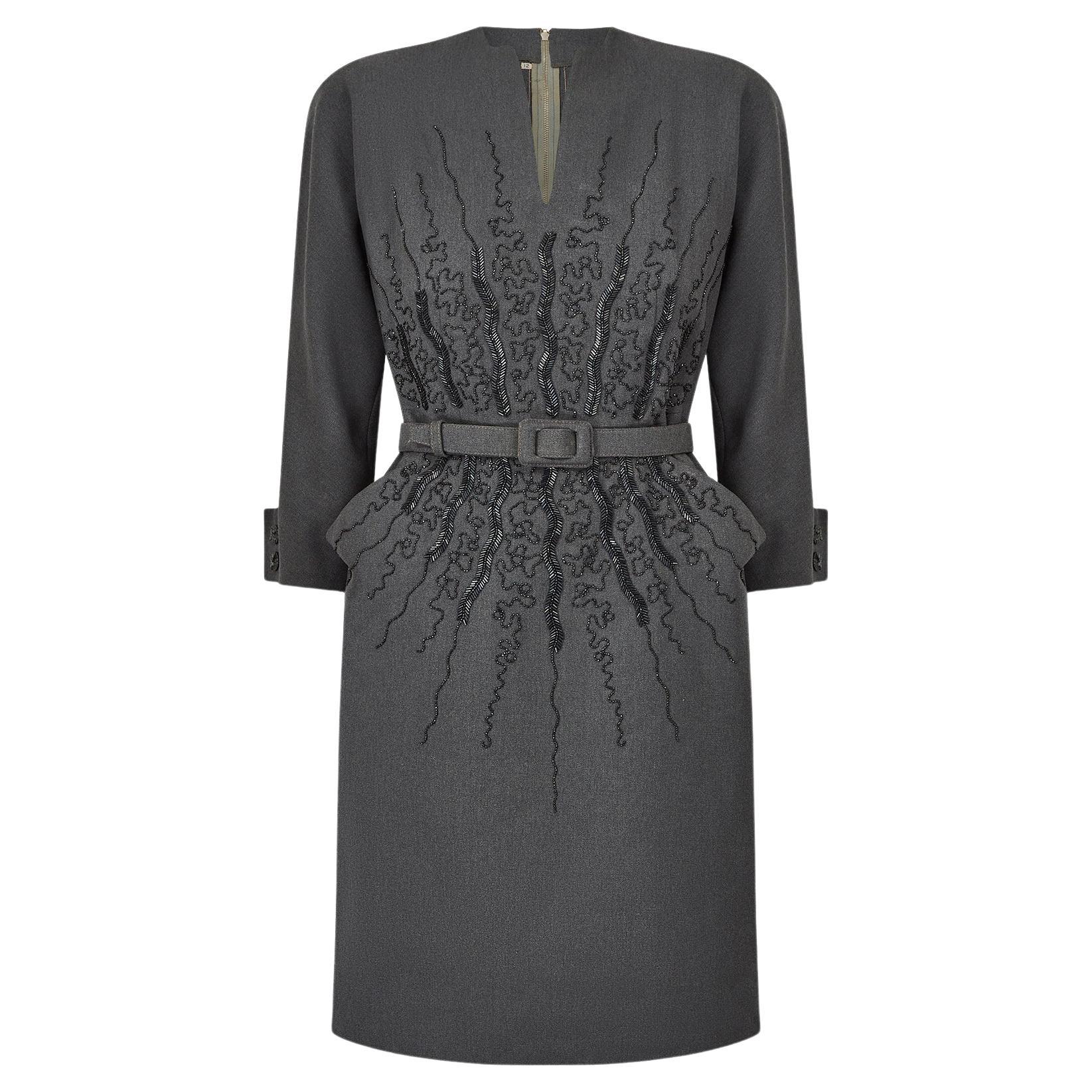 1950s Grey Wool Dolman Sleeve Dress with Elaborate Beadwork For Sale