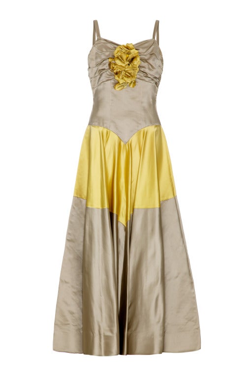 Gray 1950’s Grey & Yellow Silk Ballgown Dress With Gloves For Sale