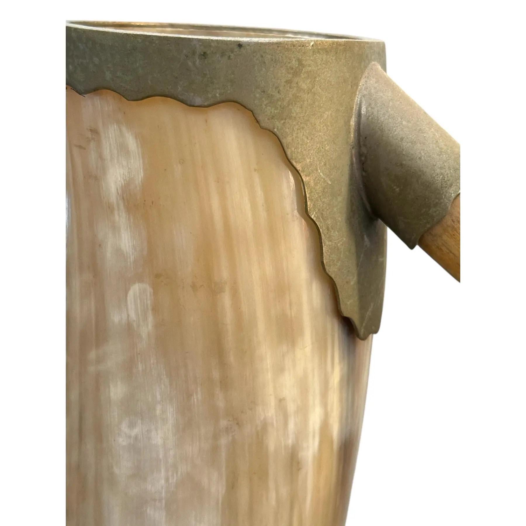 1950s Silvered Nickel Mounted Boar Tusk And Horn Beer Stein Or Mug Retaining Original Leather Gucci Made In Italy Label On Bottom.