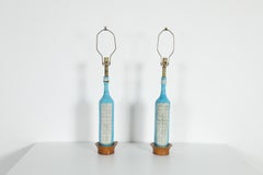 Lampade da tavolo in gres smaltato di Guido Gambone del 1950 con basi in mogano