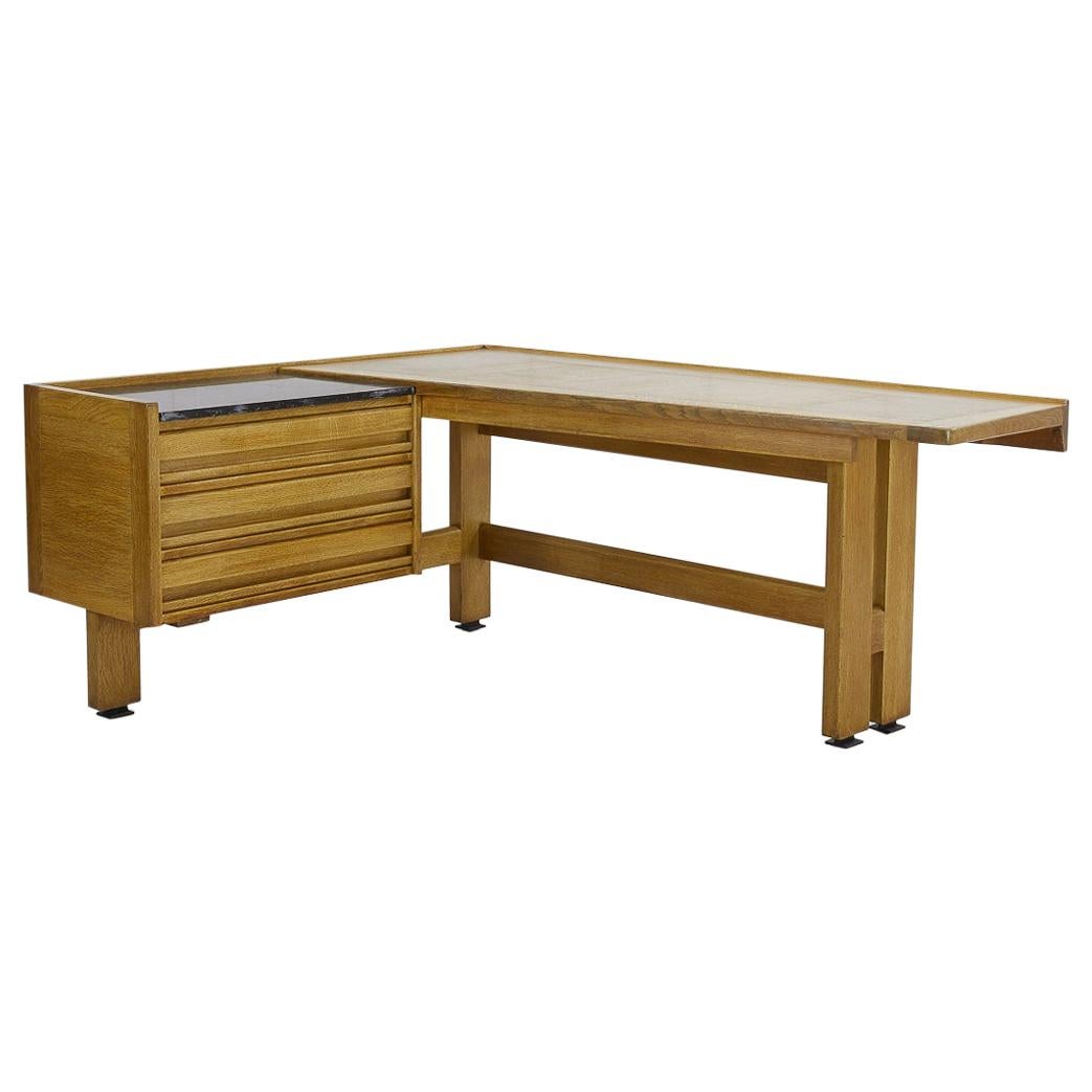 1950s Guillerme and Chambron Solid Oak Corner Desk For Sale
