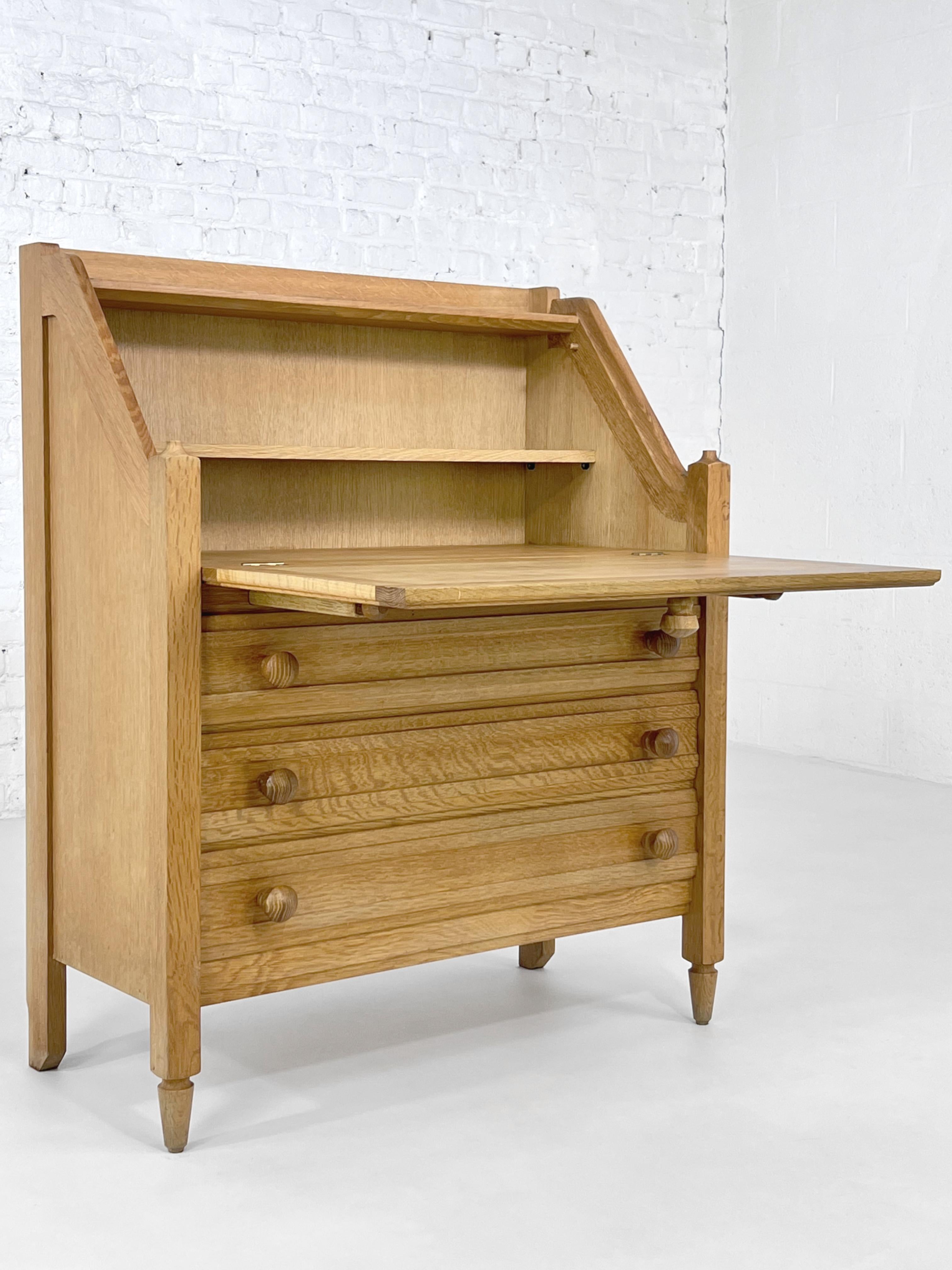 French 1950s Guillerme et Chambron Design Oak Wooden Chest of Drawers And Secretary For Sale