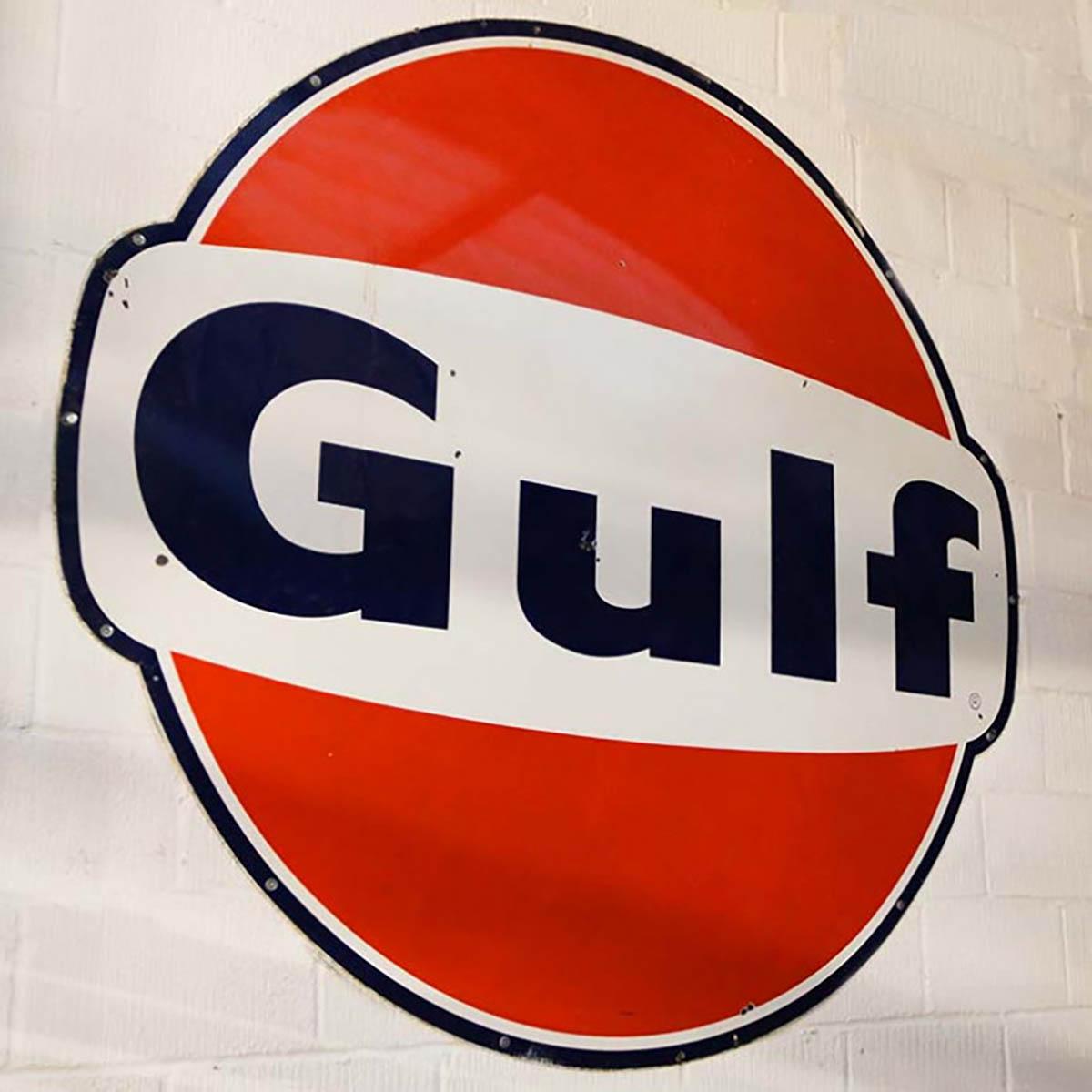 A classic Gulf advertising sign.

This stunning Gulf sign dates from the 1950s and at 6’ wide is a real showstopper. We recently acquired this fabulous piece in the USA, where it would originally have hung outside a dealership.

Gulf Oil was a major