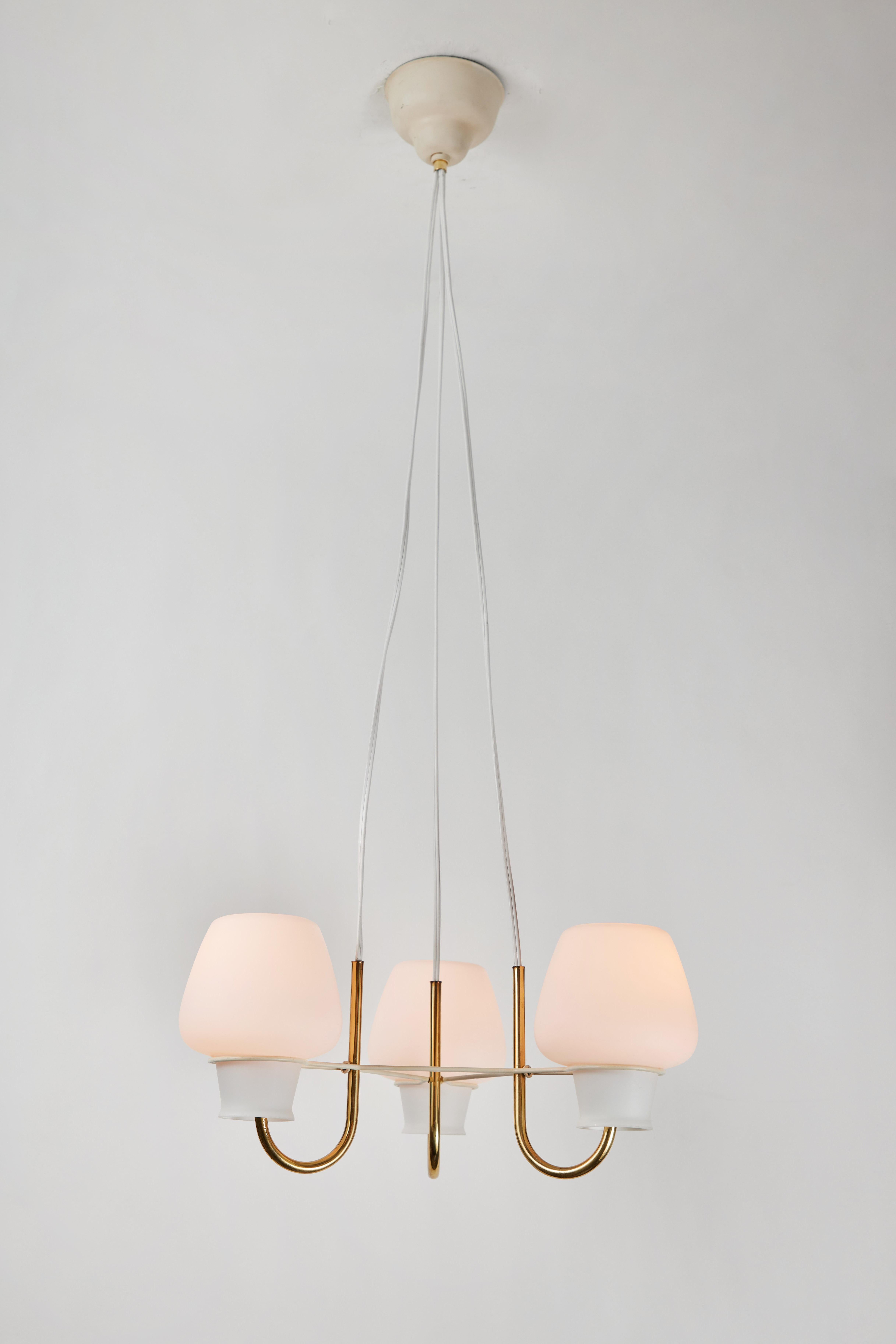 1950s Gunnar Asplund brass & glass suspension lamp by for ASEA. Executed in brass and white lacquered metal with 3 opaline glass elements in the style of Vilhelm Lauritzen. A lyrical and elegant Scandinavian modern design with a sculptural form and