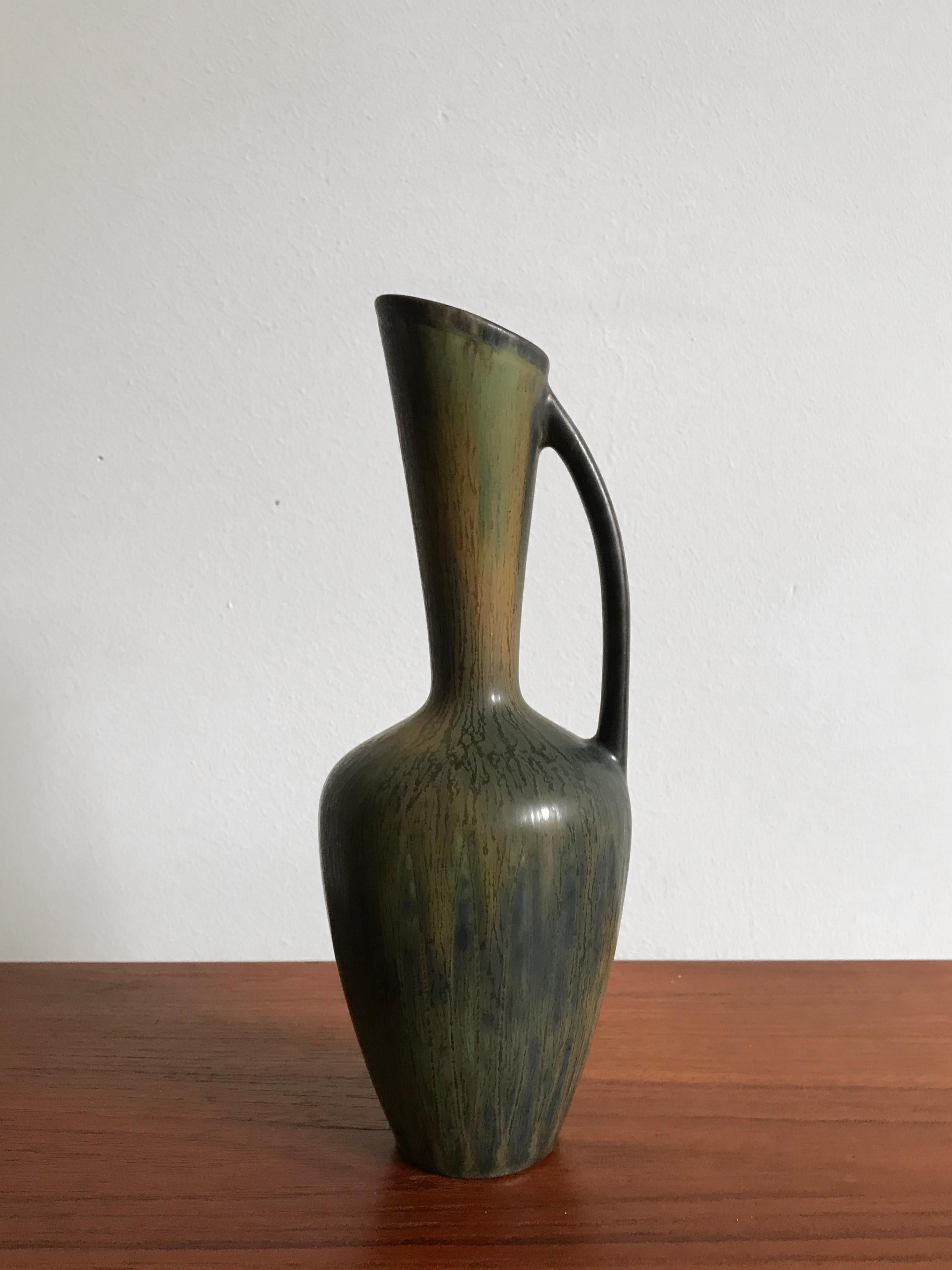 1950s beautiful Scandinavian stoneware jugs or vase in matt enamel designed by Gunnar Nylund for Rörstrand, made in Sweden, marked on the bottom.