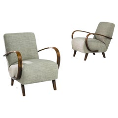 1950s H-410 Beige Upholstered Armchairs by J. Halabala, A Pair