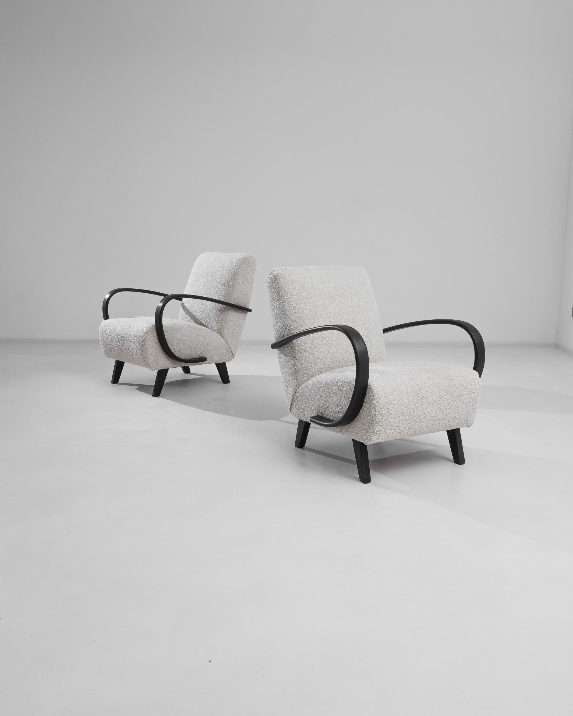 1950s H-410 Ivory Boucle Armchairs by J. Halabala, A Pair In Good Condition In High Point, NC